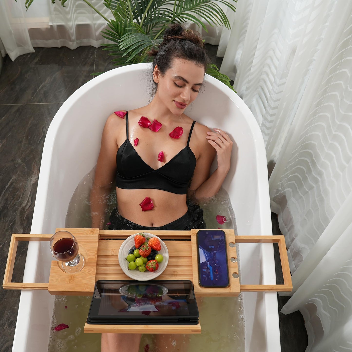 Utoplike Bathtub Caddy Tray, Bamboo Bath tub Tray with Adjustable Arms, Bath Table Holds Books/Tablets/Cell Phone/Towels/Foods (Natural Bamboo)