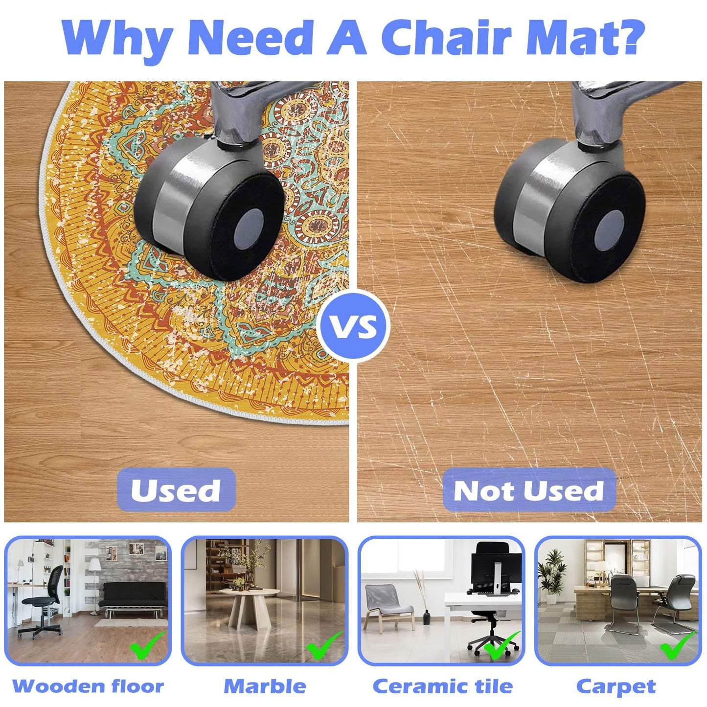 Office Chair Mat for Hardwood Floor, 120cm/48in Round Chair Rugs Floor Protectors, Desk Chair Mat for Rolling Chair, Anti-Slip Computer Chair Mat, Carpet Mats for Home Office(Yellow)