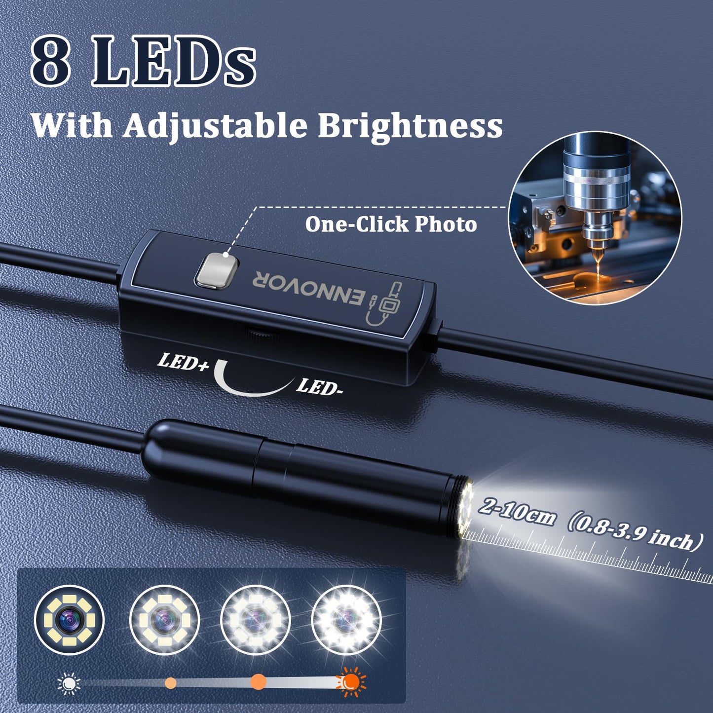Endoscope Camera with Light, Ennovor 1920P HD Borescope with 8 Adjustable LED Lights, IP67 Waterproof Endoscope Inspection with Flexible Rigid Snake Camera, No WiFi Required for Android iOS