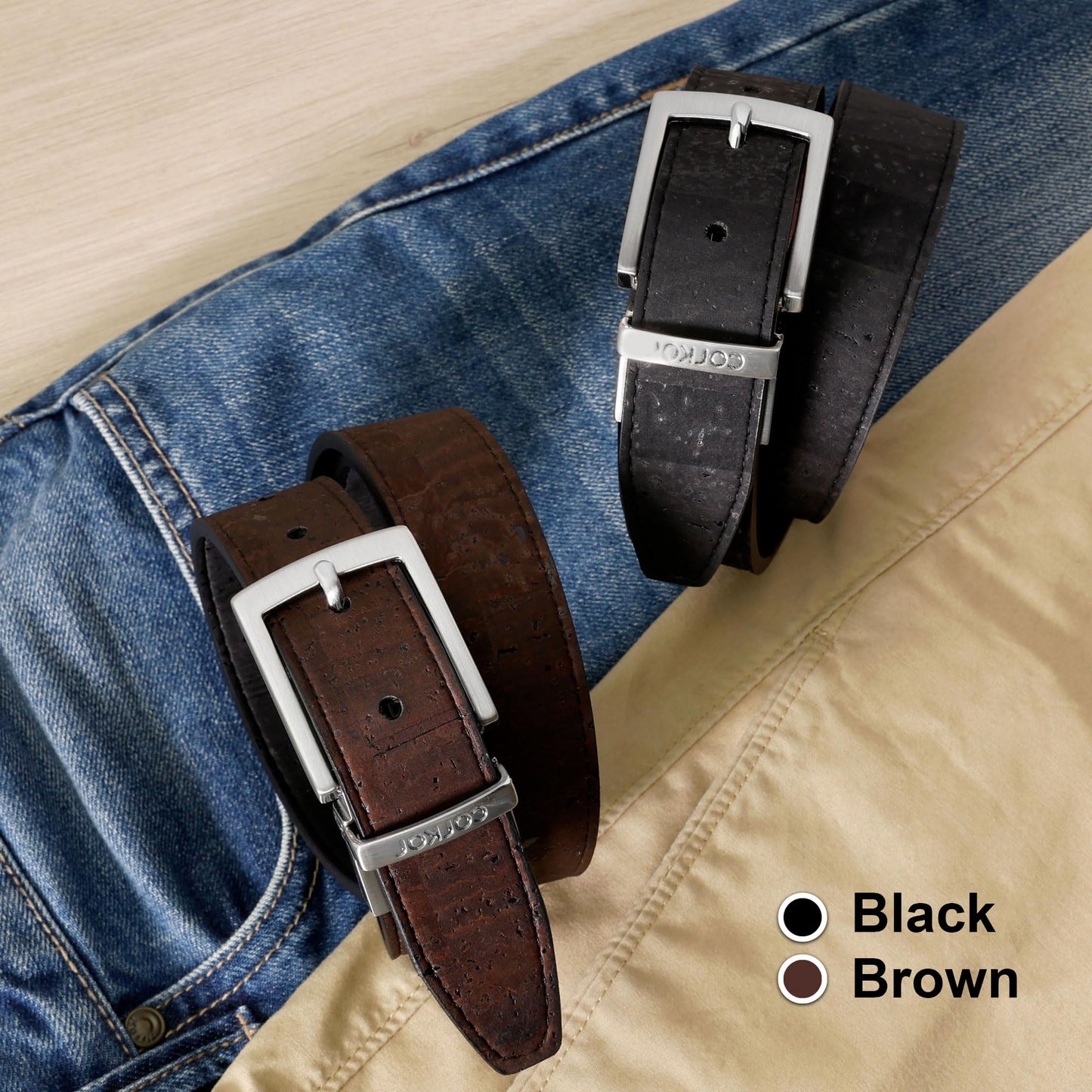 Corkor Reversible Men's Cork Belt - Vegan Leather Dress Belts – Men Belt - Cruelty Free Eco Friendly Brown Black 30mm Wide, Brown Or Black, 38" - (Fits waist 35-38") - L