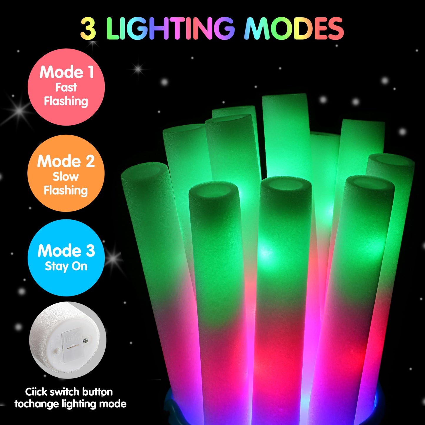 JOYIN 24 PCS Foam Glow Sticks, Foam Light Up Wands with 3 Modes Color Flashing, Glow Sticks Bulk Party Pack for Wedding, Concert, Camping, Party Favors
