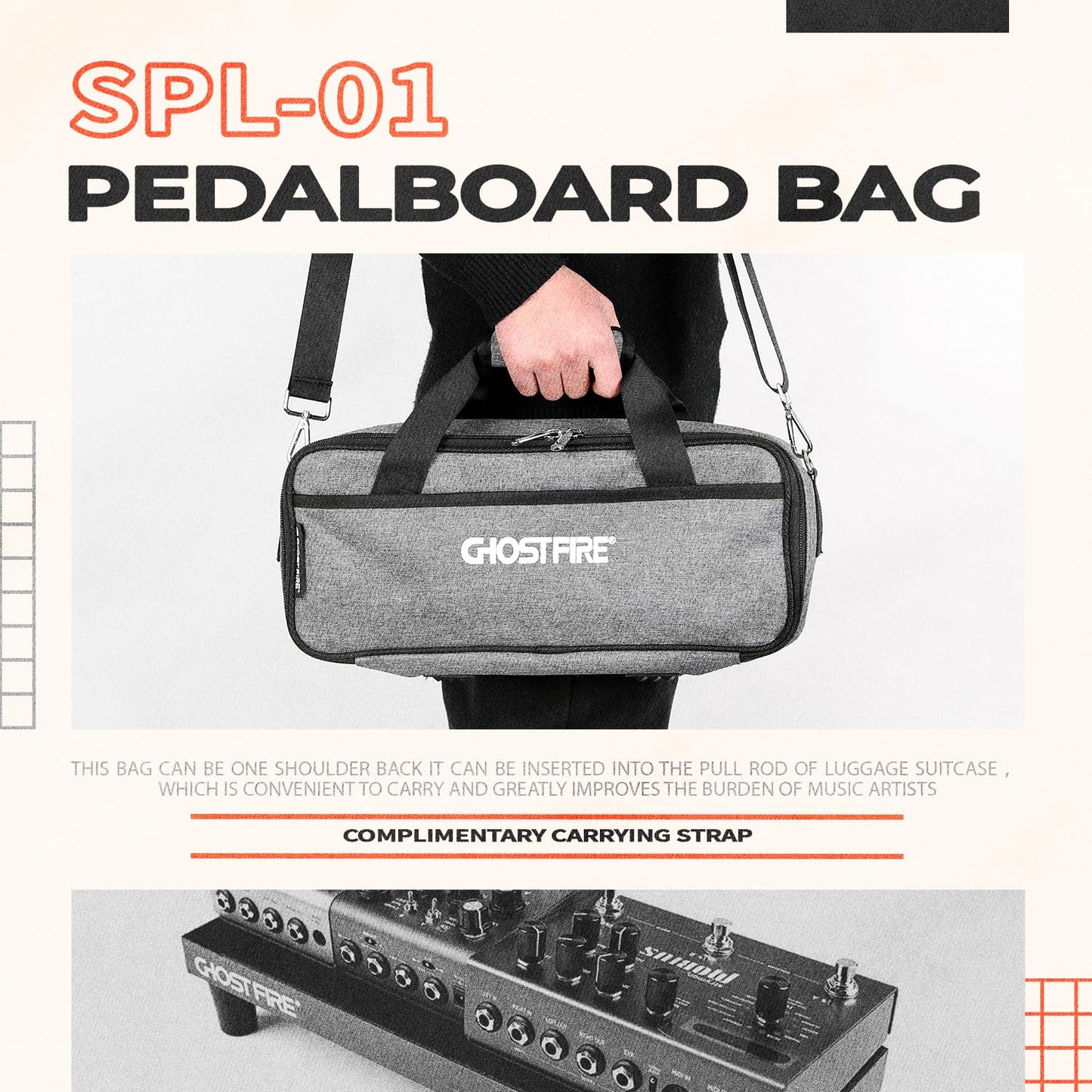 GHOSTFIRE Ghost Fire Guitar Pedal Board Bag Effect Pedalboard Bag Accessory Storage Bag Carry Case 14.9x6.3x3.9in