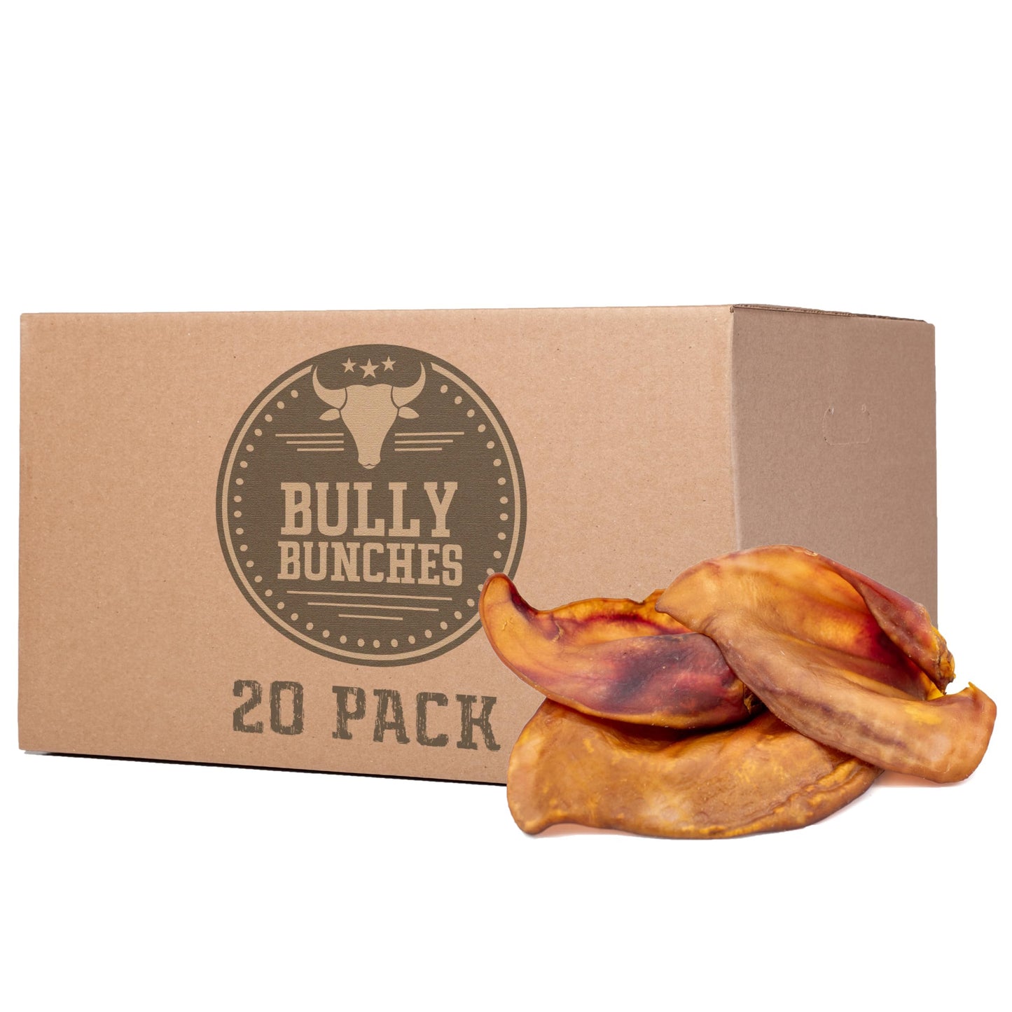 Bully Bunches Large Whole Pig Ears for Dogs | Free Range Oven Baked Pork for All Breeds | All-Natural, Single Ingredient & 100% Digestible Safe Dog Chew (20 Pack)
