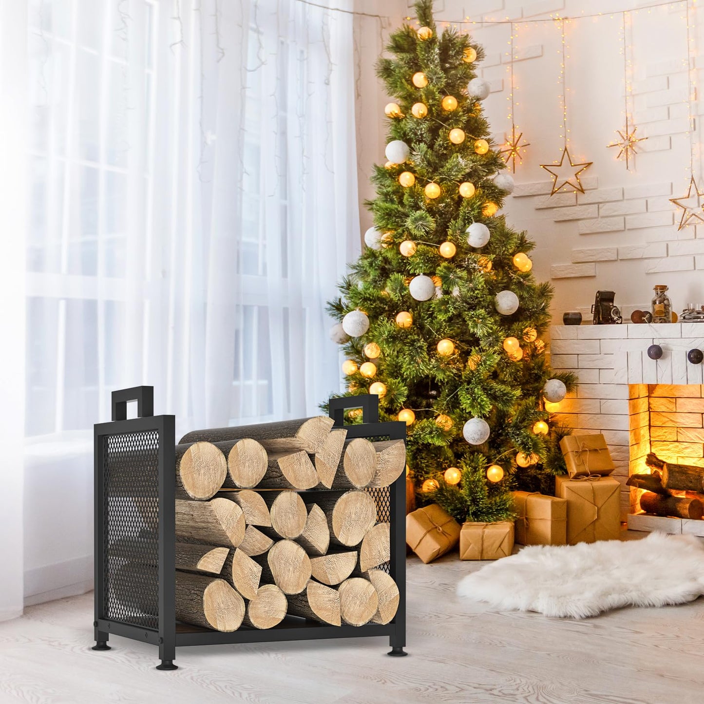 Firewood Rack for Indoor Heavy Duty Fire Wood Racks Holder, 17.32" Metal Wood Storage Log Holder with Leather Carrier, Small Firewood Stand for Fireplace Patio Deck, Black