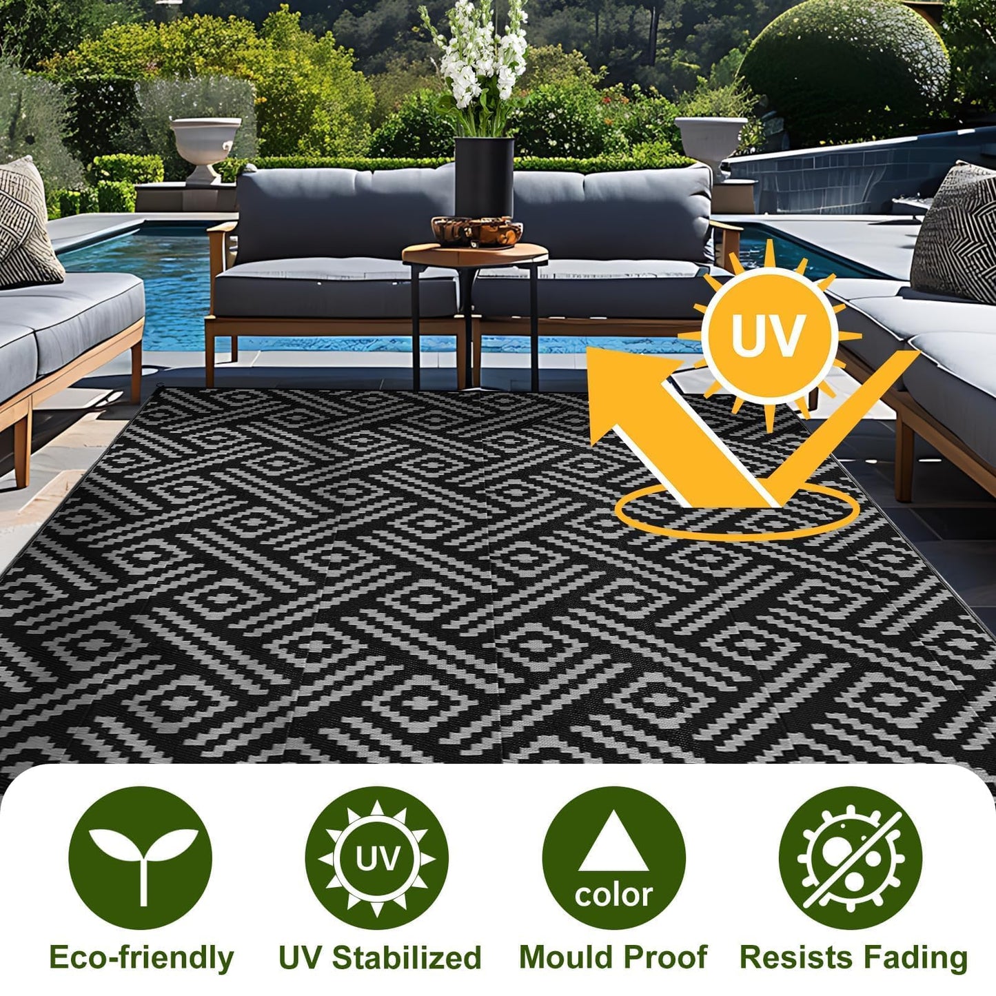 OPPODREAM Outdoor Rug 6x9 Ft, Waterproof Outdoor Plastic Straw Rug for Patio, Reversible Out Door Carpet for Camping, Deck, Rv, 6 x 9 Area Carpet Balcony, Porch, Backyard, Black and Grey