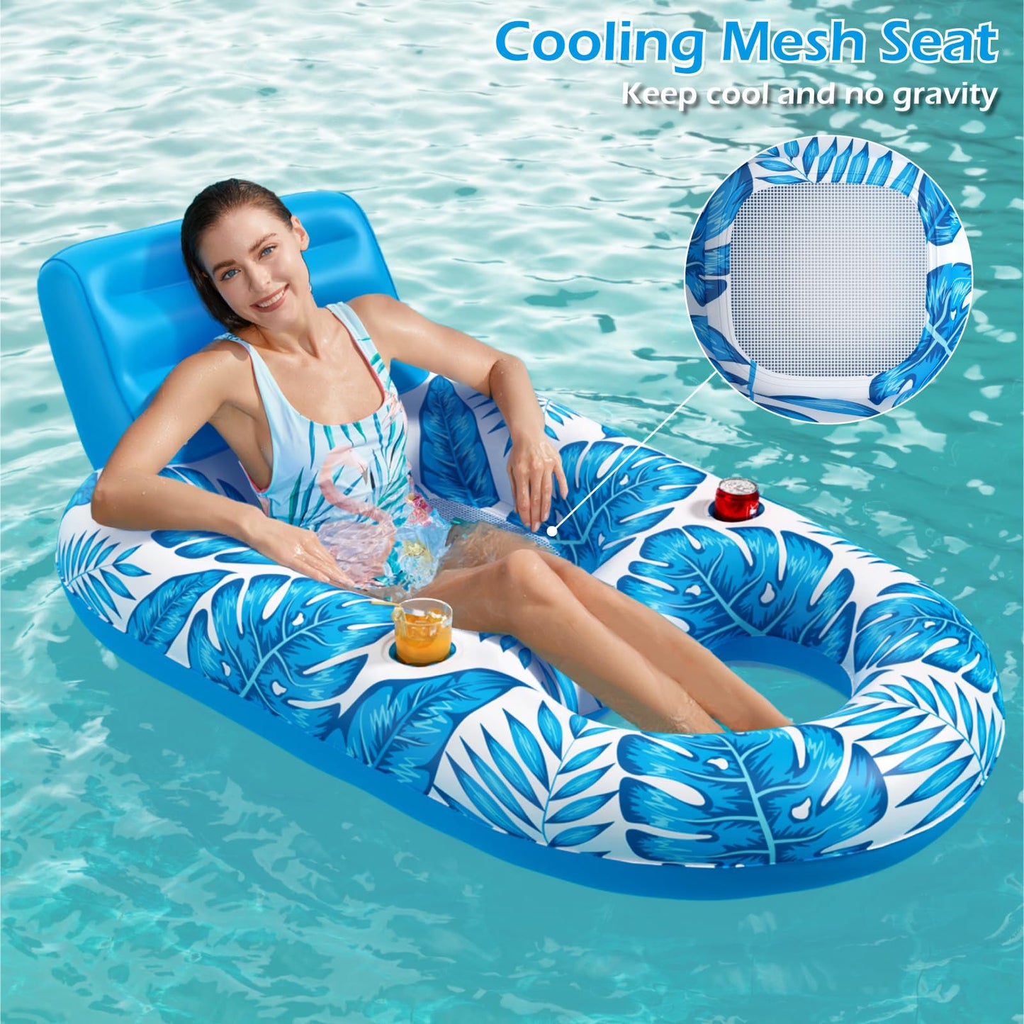 Jasonwell Inflatable Pool Float Adult - Pool Floaties Lounger Floats Raft Floating Chair Water Floaties for Swimming Lake Lounge Float with Cup Holders Beach Pool Party Toys for Adults（Bule）