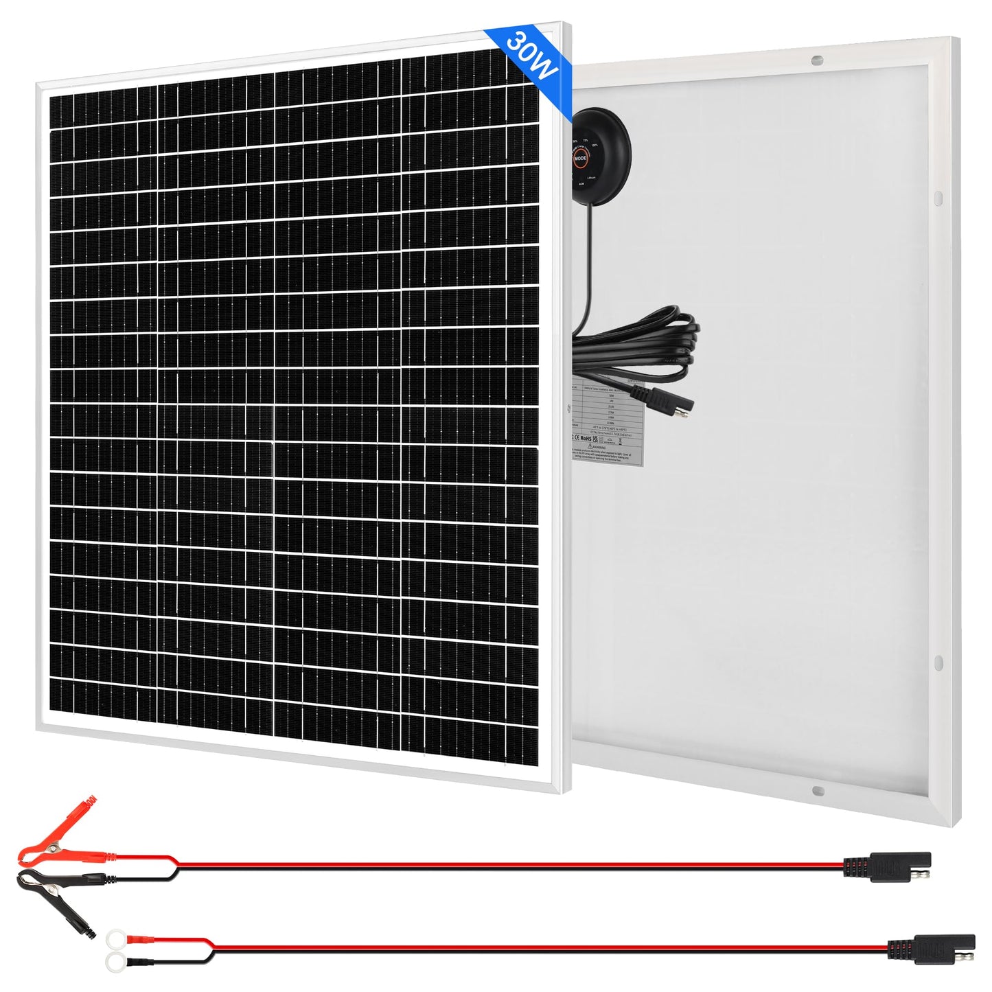 24V 30W Solar Battery Trickle Charger Maintainer with Rear-mounted Intelligent PWM Controller/SAE Cable Waterproof Solar Panel for 24V Rechargeable Battery of Car RV Marine Tractor Boat Motorcycle ATV