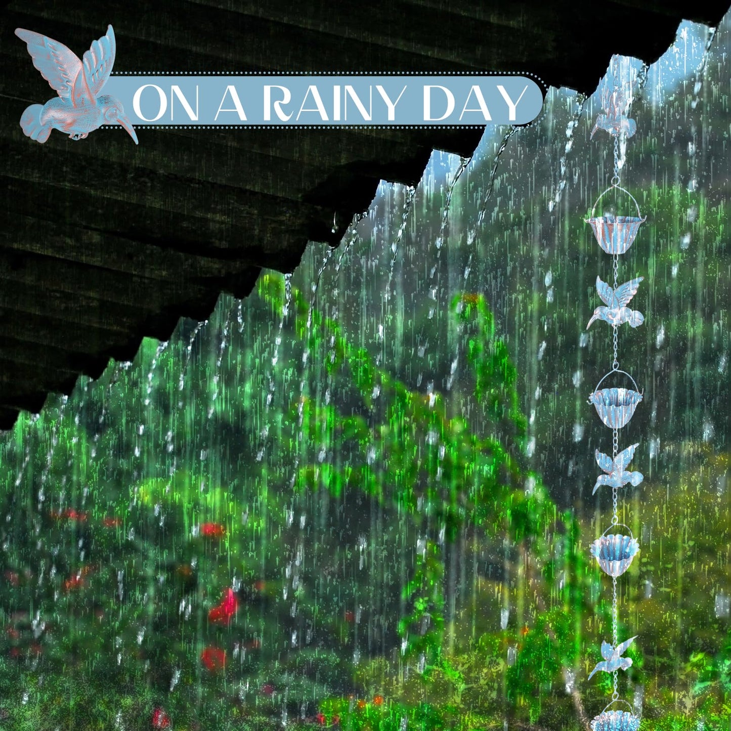 Metal Rain Chain, 7.9 Foot Rain Catcher Chain with 7 Water Cups and 7 Removable Hummingbird Decorative Rain Chains, Easy to Install Gutter Rain Collector Chain for Eaves Drainage