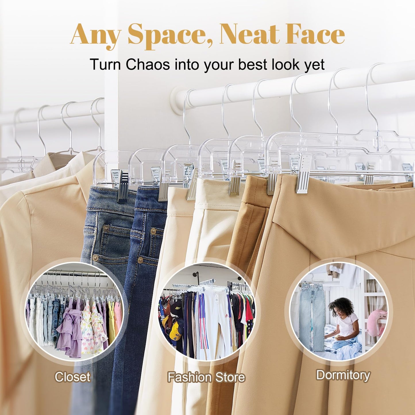 House Day Clear Skirt Hangers with Clips, Non-Slip Pants Hangers for Closet, Clip Hanger for Pant, Skirts, Shorts, 14'' Clear Plastic Hanger, Pack of 25