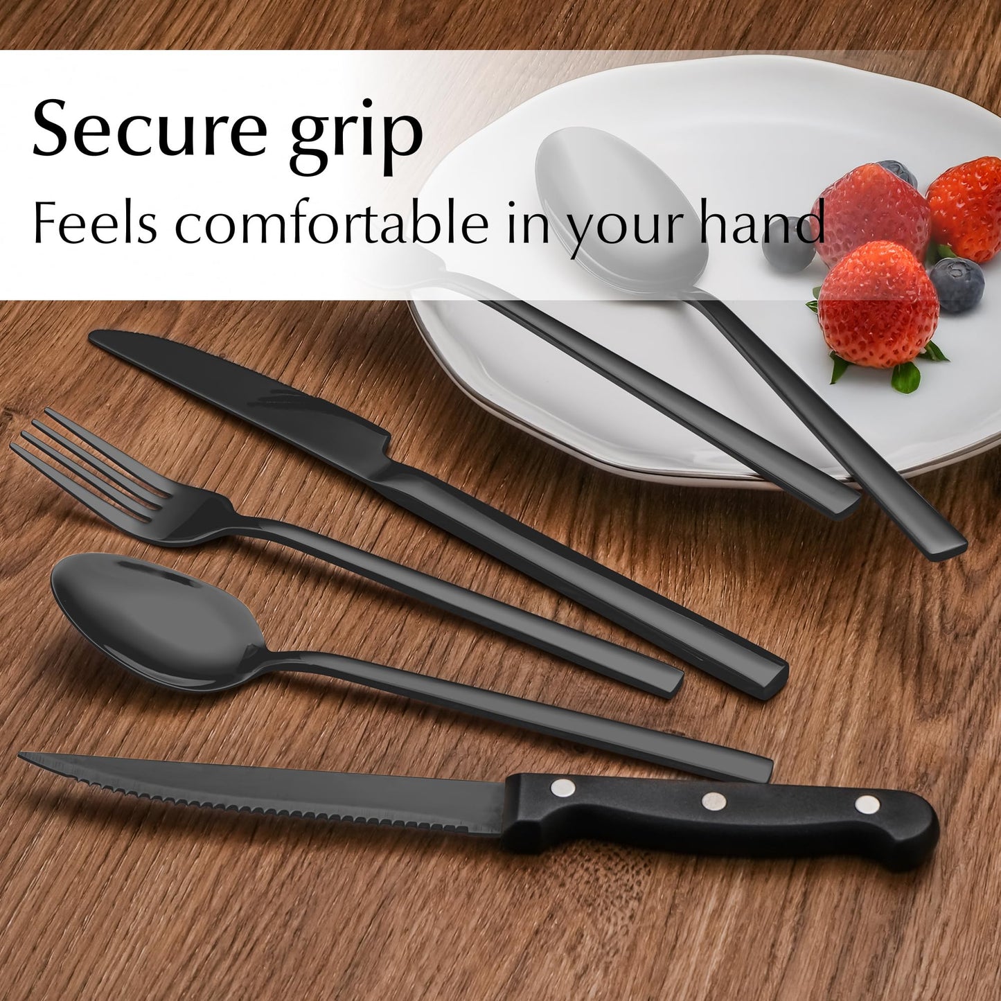 MIAMIO – Cutlery Set Stainless Steel for 6 People / 36-Piece Flatware Set – Includes Knives, Forks, Spoons – Dishwasher Safe (Black)