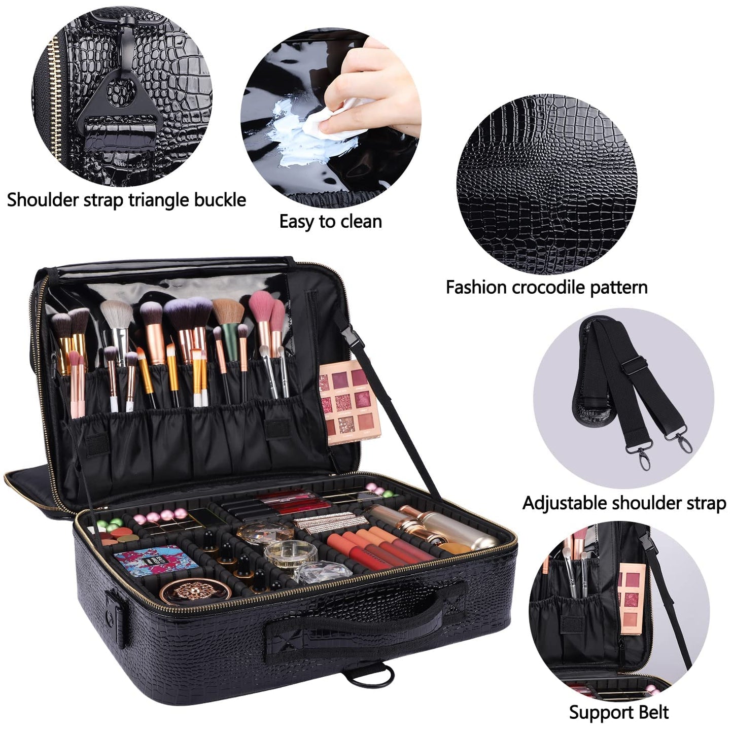 Oewoer Travel Makeup Case, 16 Inches Large PU Leather Professional Cosmetic Bag With Shoulder Strap and Adjustable Dividers (Crocodile Pattern)