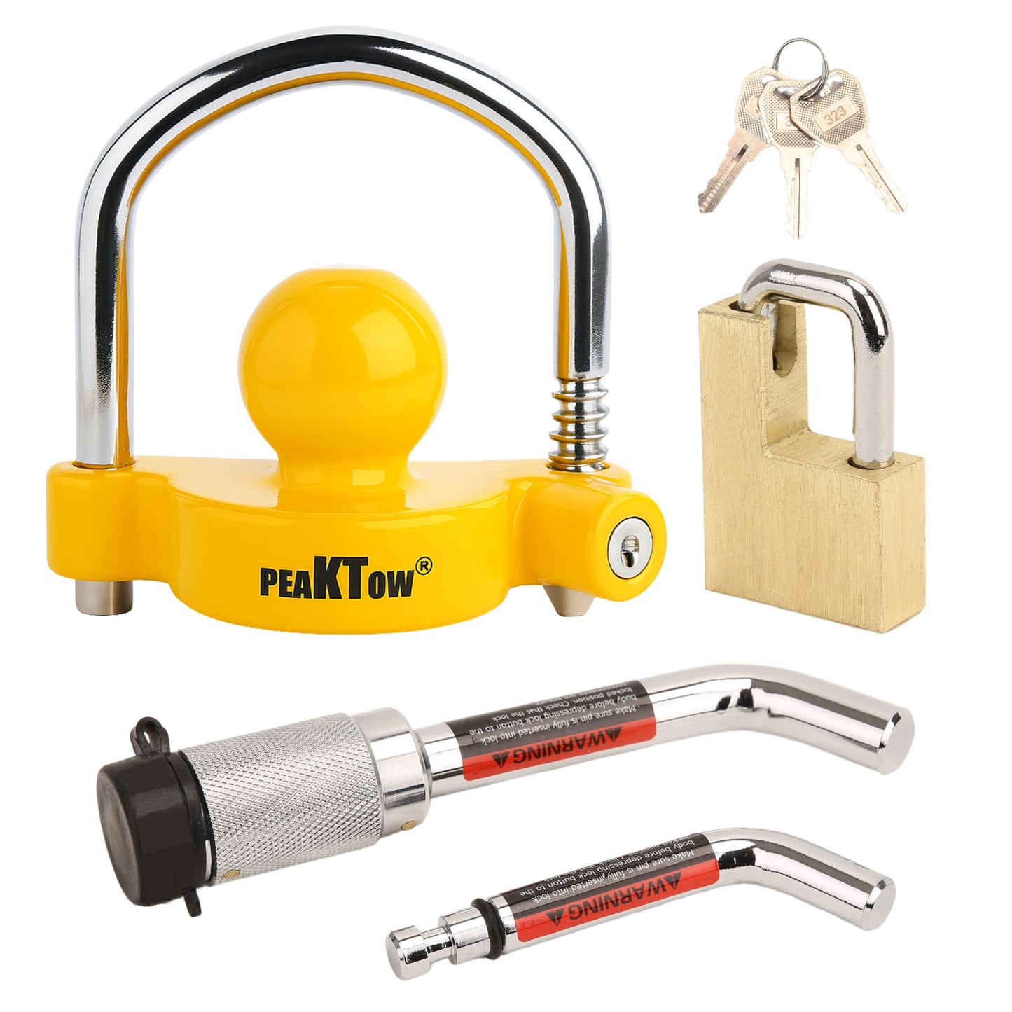 PEAKTOW PTS0003 Deluxe Keyed Alike Trailer Towing Lock Set Includes One Coupler Lock One Dual Bent Pins Trailer Receiver Lock and One Brass Coupler Latch Lock