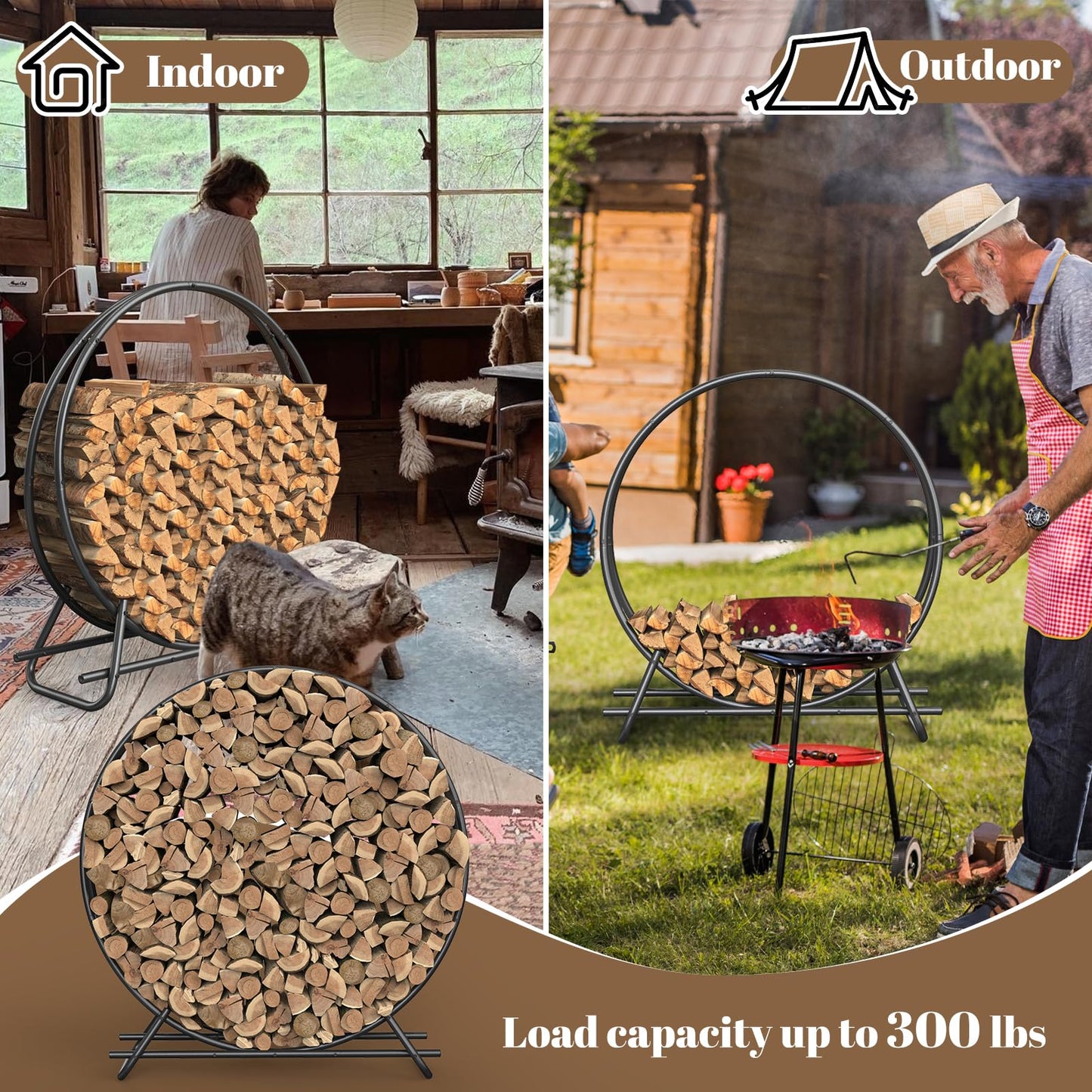 YSEJOMP Outdoor Firewood Circle Rack- Metal Pipe Ring,Sturdy & Durable Firewood Holder for Indoor/Outdoor Use,Space-Saving Design for Fireplace,Campfire or Backyard Storage (48 inch diameter circle)
