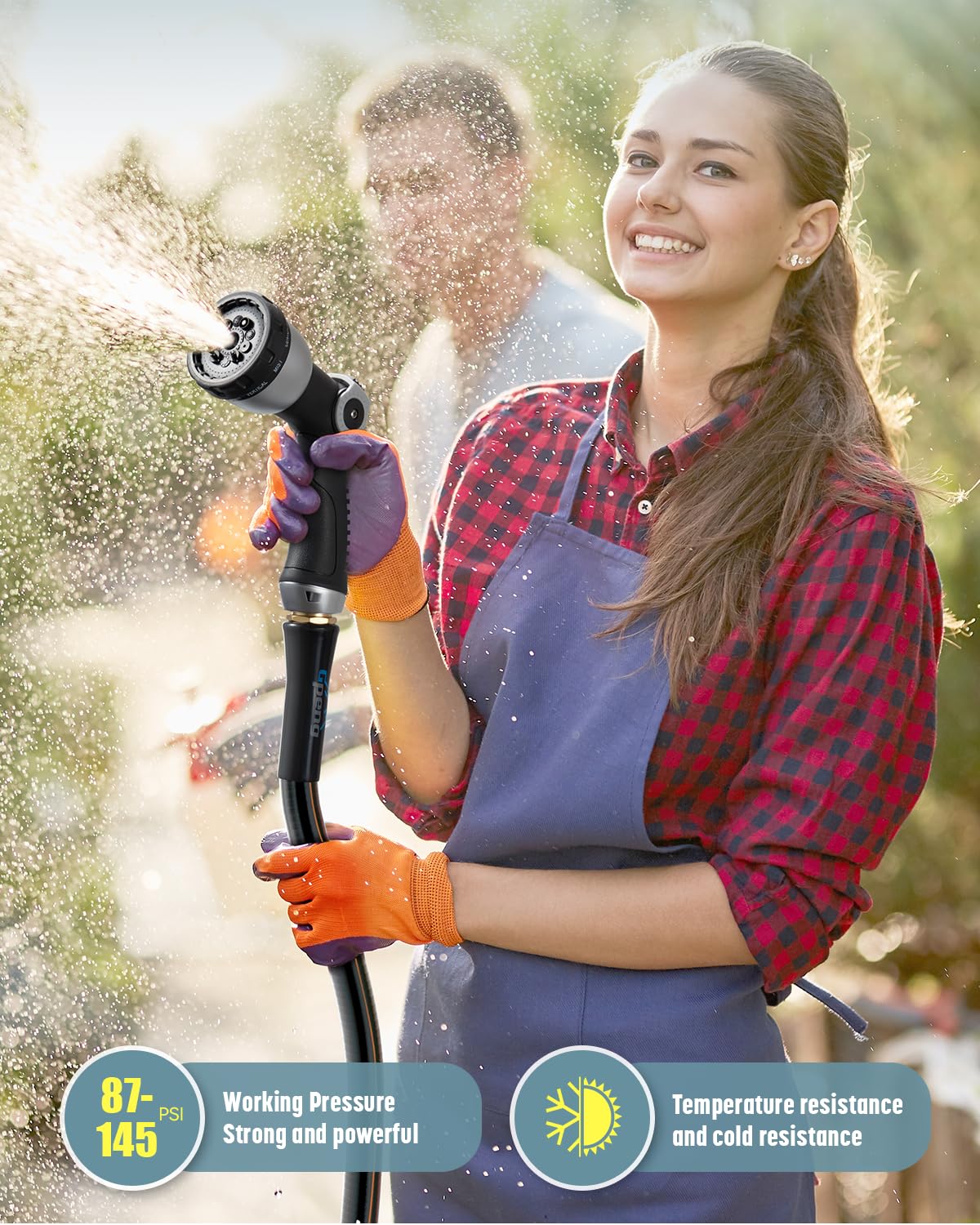 Gpeng Heavy Duty Garden Hose, 50ft x 5/8" Water Hose, Flexible Hybrid Hose with 10-Pattern Spray Nozzle, Swivel Handle, Male to Female Fittings, Burst 600 PSI