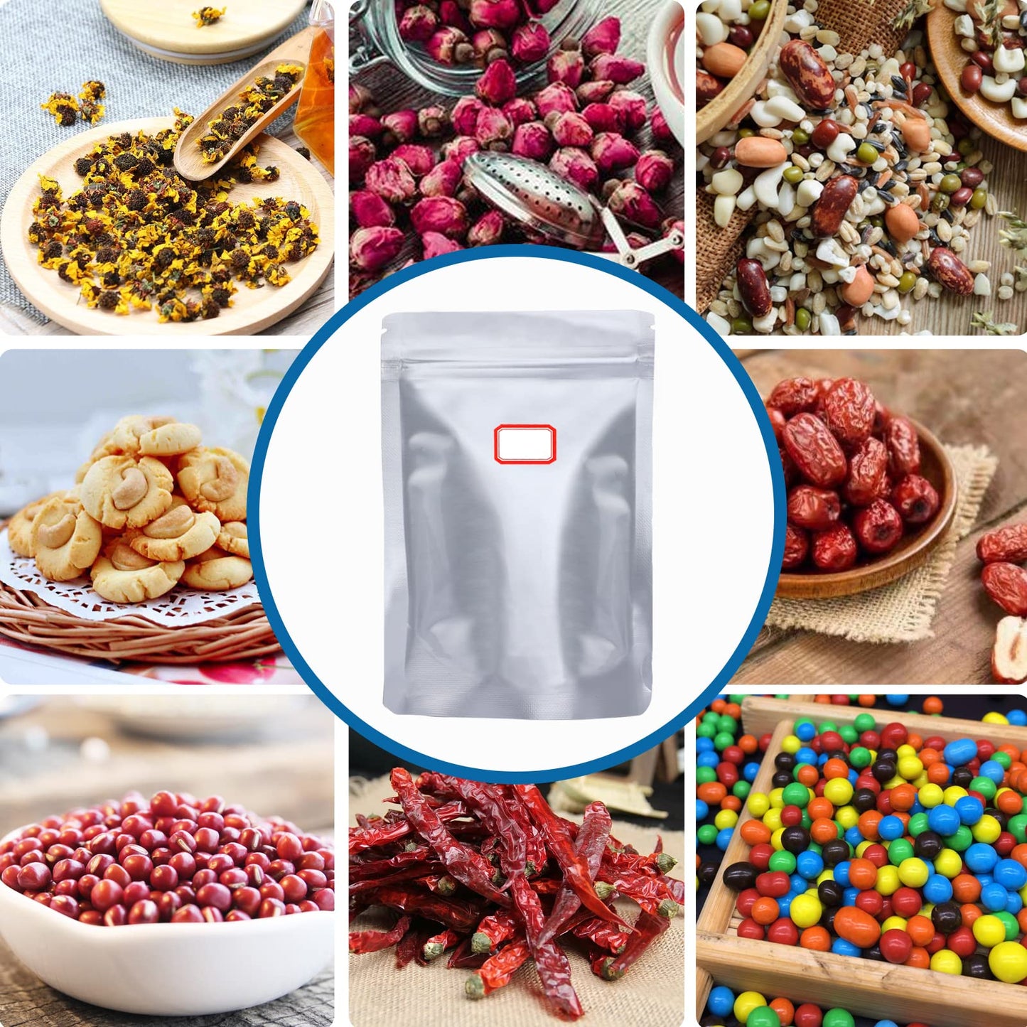 100 Pcs 1 Qt Mylar Resealable Bags for Food Storage, With 100 Pcs 200cc Oxygen Absorbers & 120 Labels, Aluminum Foil Long Term Fresh Bags