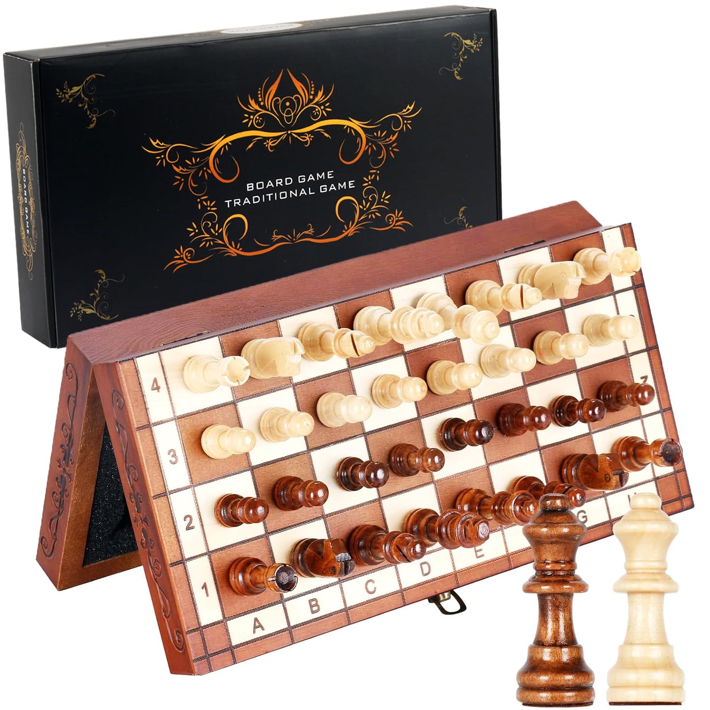 Syrace Magnetic Wooden Chess Set Board Games- Handmade Portable Travel Chess Board Game Sets with Game Pieces Storage Slots