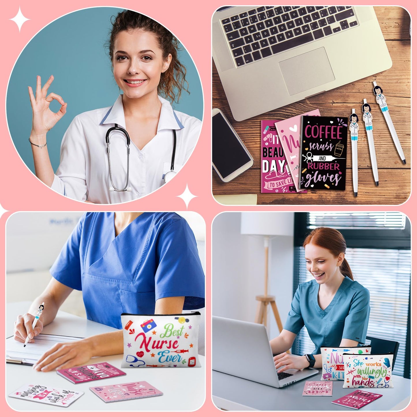 Sabary 48 Pcs Nurse Appreciation Gifts Set for Women 12 Makeup Cosmetic Bag 12 Notebooks 12 Doctor Nurse Ballpoint Pens 12 Bracelets for Rn CNA Nurses Week Nursing Students Graduation Gifts(Stylish)