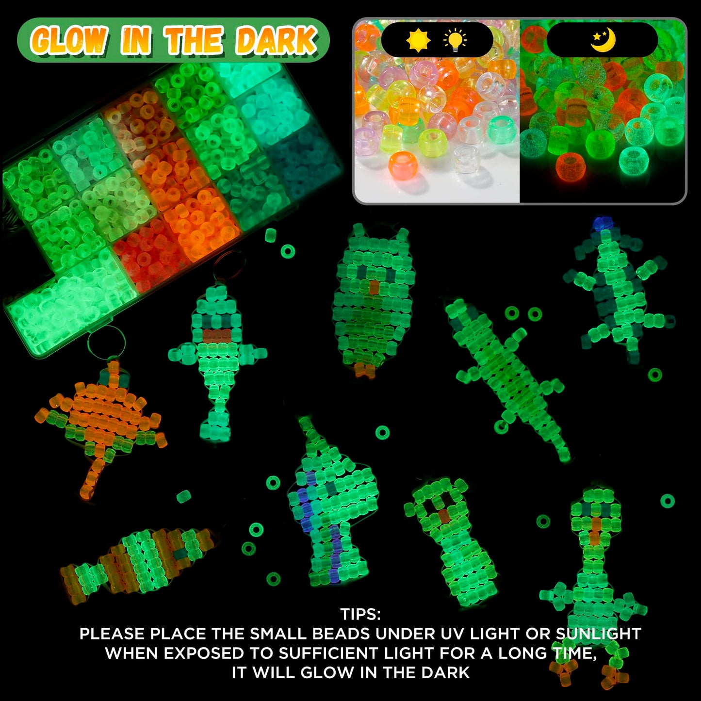 Funtopia Pony Beads Kit, Glow in the Dark Bead Pets for Kids Beginners, Includes Instructions for 25 Animal Designs and Storage Box, Kids Craft Kit for Rainy Day Group Activities