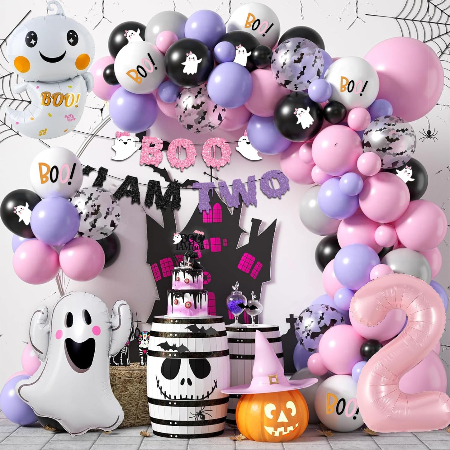 Boo I'm Two Halloween Decorations - 2nd Birthday Party Decorations for Girls - Pink & Purple Ghost, Bat Balloons