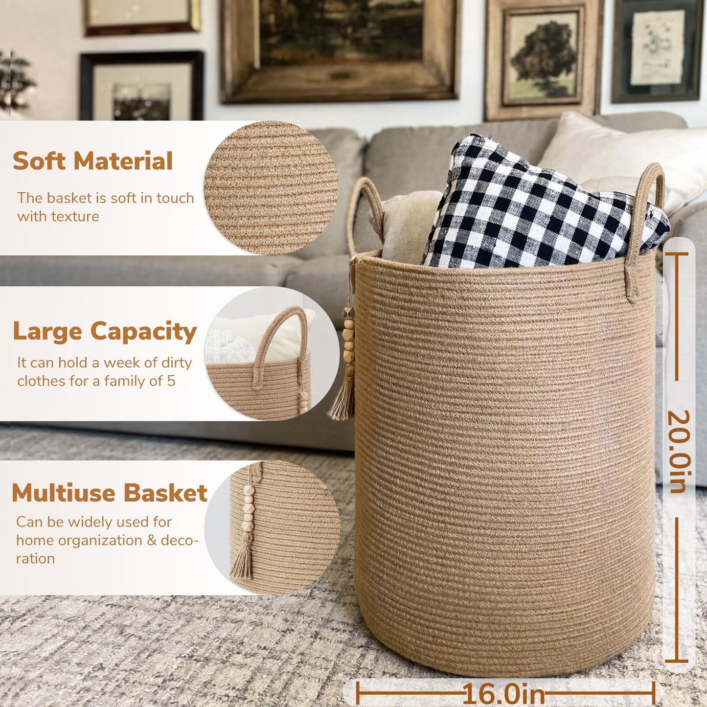 Goodpick Tall Wicker Laundry Basket,Large Storage Baskets for Pillows, Towels,Decorative Blanket Baskets for Living Room, Baby Laundry Hamper,Woven Jute Basket with Handles,16 x 20inches