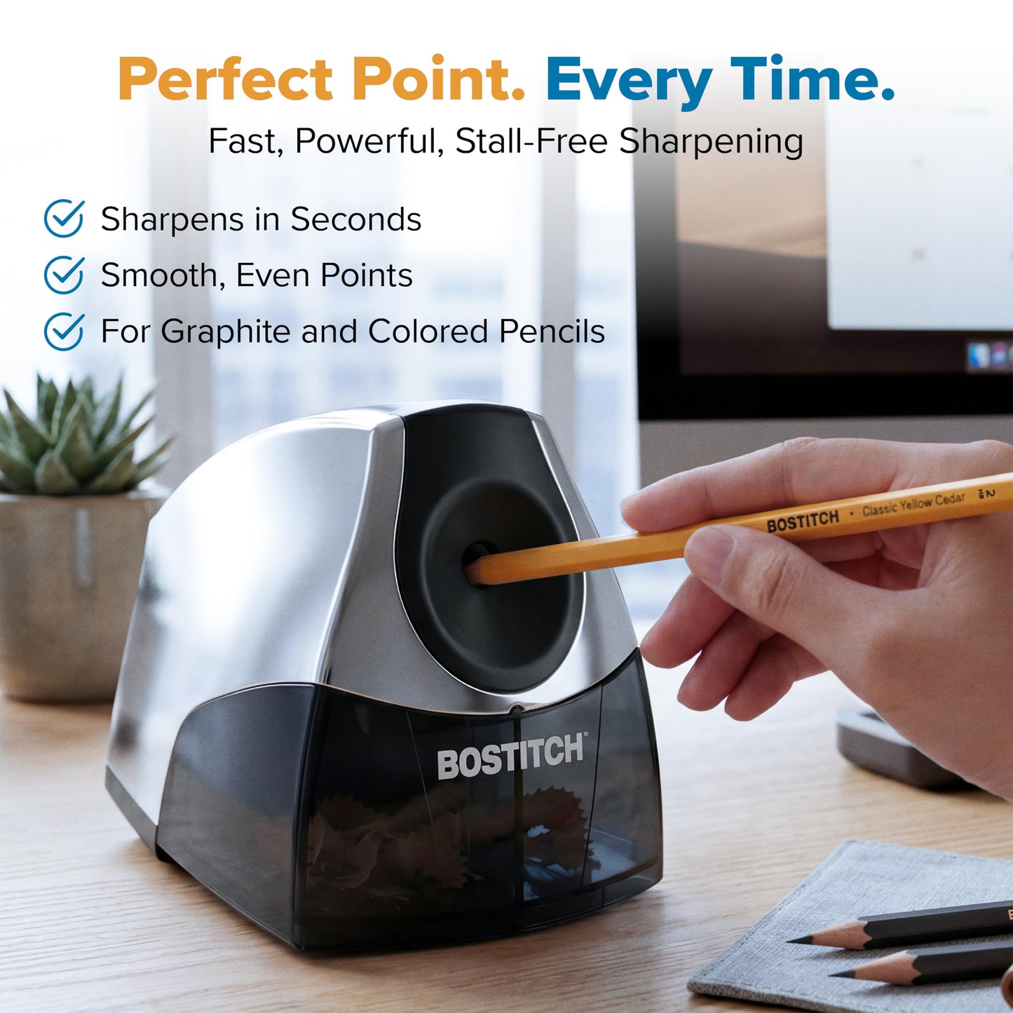 Bostitch Office Personal Electric Pencil Sharpener, Powerful Stall-Free Motor, High Capacity Shavings Tray, 7yr Warranty, Chrome Metallic