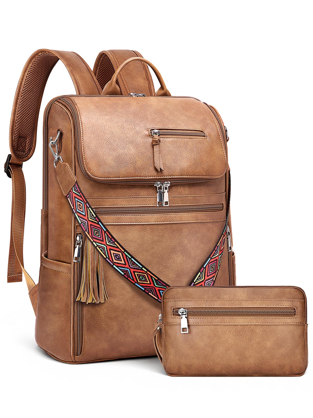SYTRAH Leather Laptop Backpack for Women Designer Laptop Bag, 16.5 inch Travel Computer Backpacks Purse with Tassel for Work Business Brown