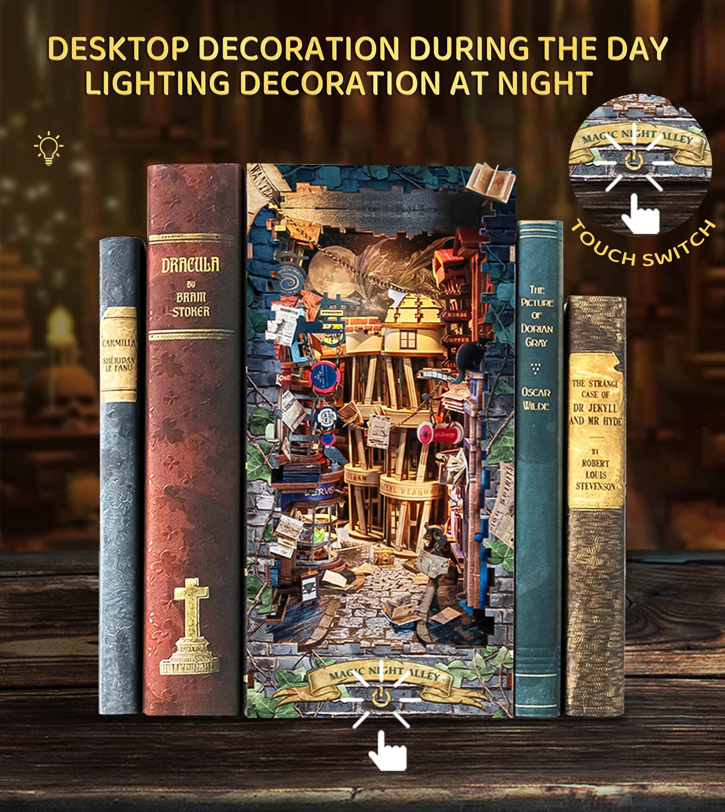 Spilay DIY Book Nook Kit,DIY Dollhouse Booknook Bookshelf Insert Decor Alley,Bookends Model Build kit with LED Light,Handmade Crafts Gifts for Birthday (Magical Night Alley with Dust Cover LED)