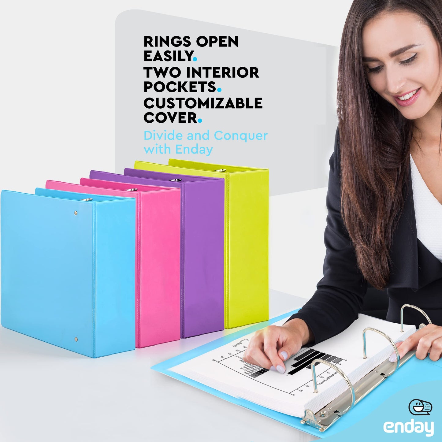 3 Inch Binder 3 Ring Binders, Slant D-Ring 3” Clear View Cover with 2 Inside Pockets, Heavy Duty Colored School Supplies Office and Home Binders Pink, Blue, Purple, Green (4 Pack) – by Enday