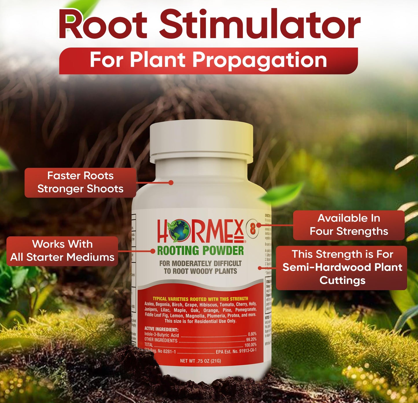 Hormex Rooting Hormone Powder #8 | for Moderately Difficult to Root Plants | Fastest IBA Rooting Powder Compound for Strong & Healthy Roots