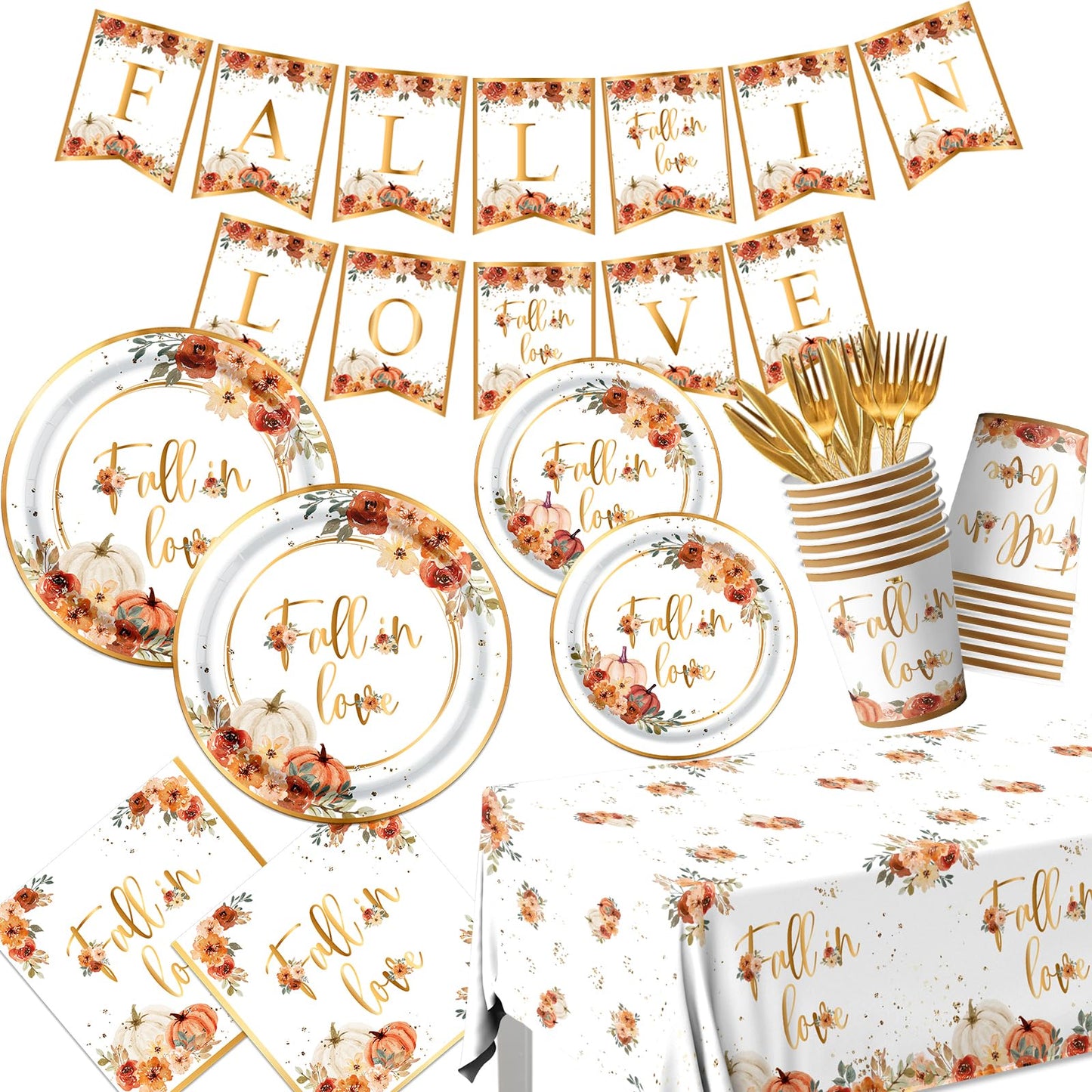 Fall in Love Decoration,142pcs Autumn Fall Tableware Fall Plates Napkins Banner Fall Tablecloth for Thanksgiving Supplies