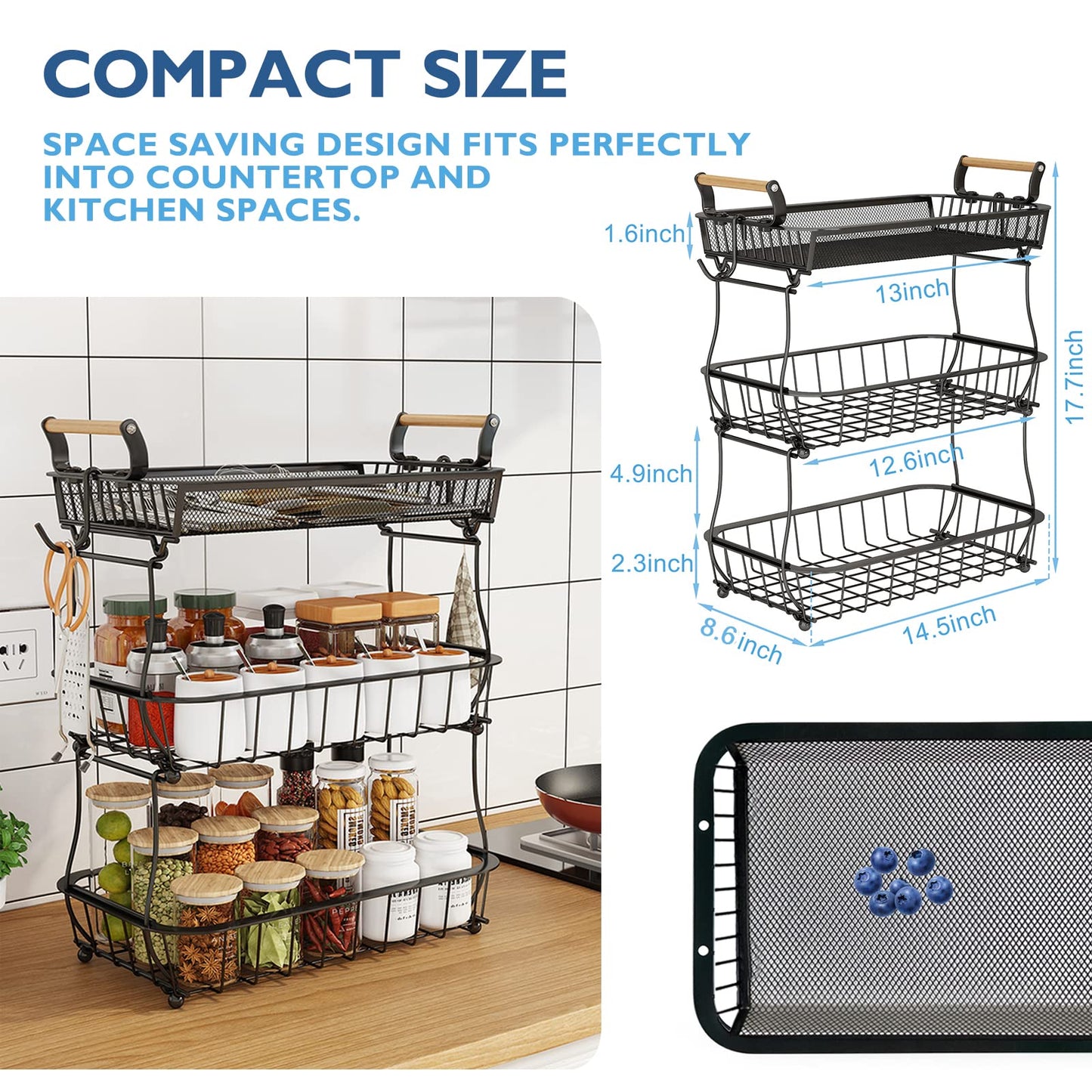 ANTOPY 3 Tier Fruit Basket with 2 Banana Hangers, Countertop Vegetable Bowl for Kitchen Counter Metal Mesh Fruits Stand Produce Holder Organizer Onion Potato Bread Snack Veggie, Black BP209