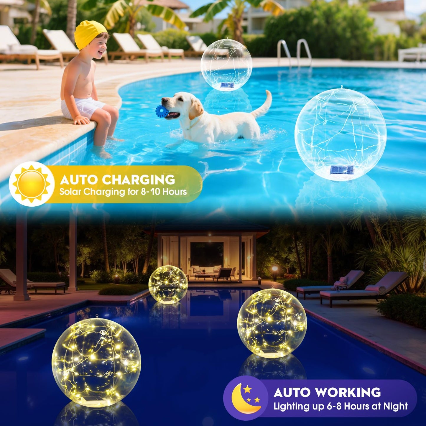 Askyli Floating Pool Lights, Warm White LED Solar Pool Lights that Float, IP68 Waterproof Light up Pool Balls, 15" Inflatable Floating Light for Pools Party Wedding Decor (2Piece)