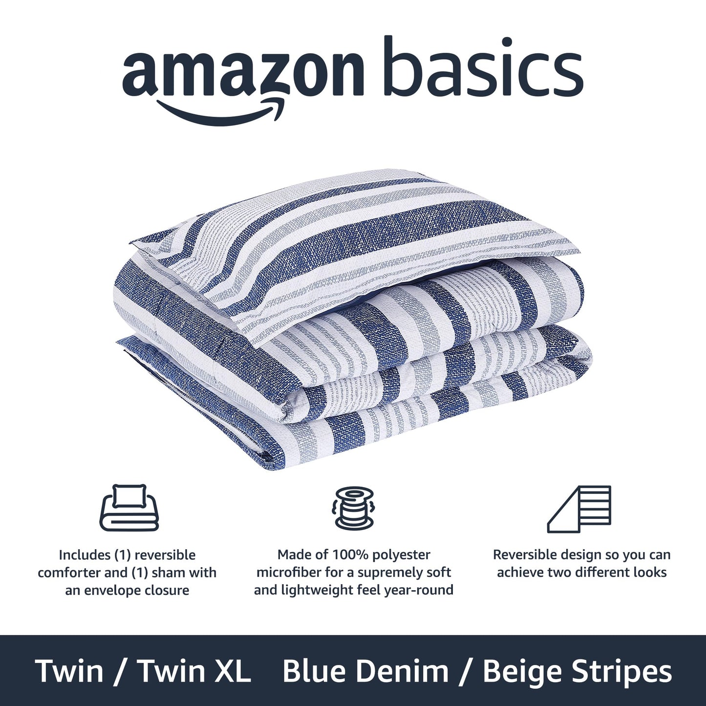 Amazon Basics Ultra-Soft Light-Weight Microfiber Reversible Comforter Bedding Set - Twin/Twin XL, Blue Denim/Beige Stripes