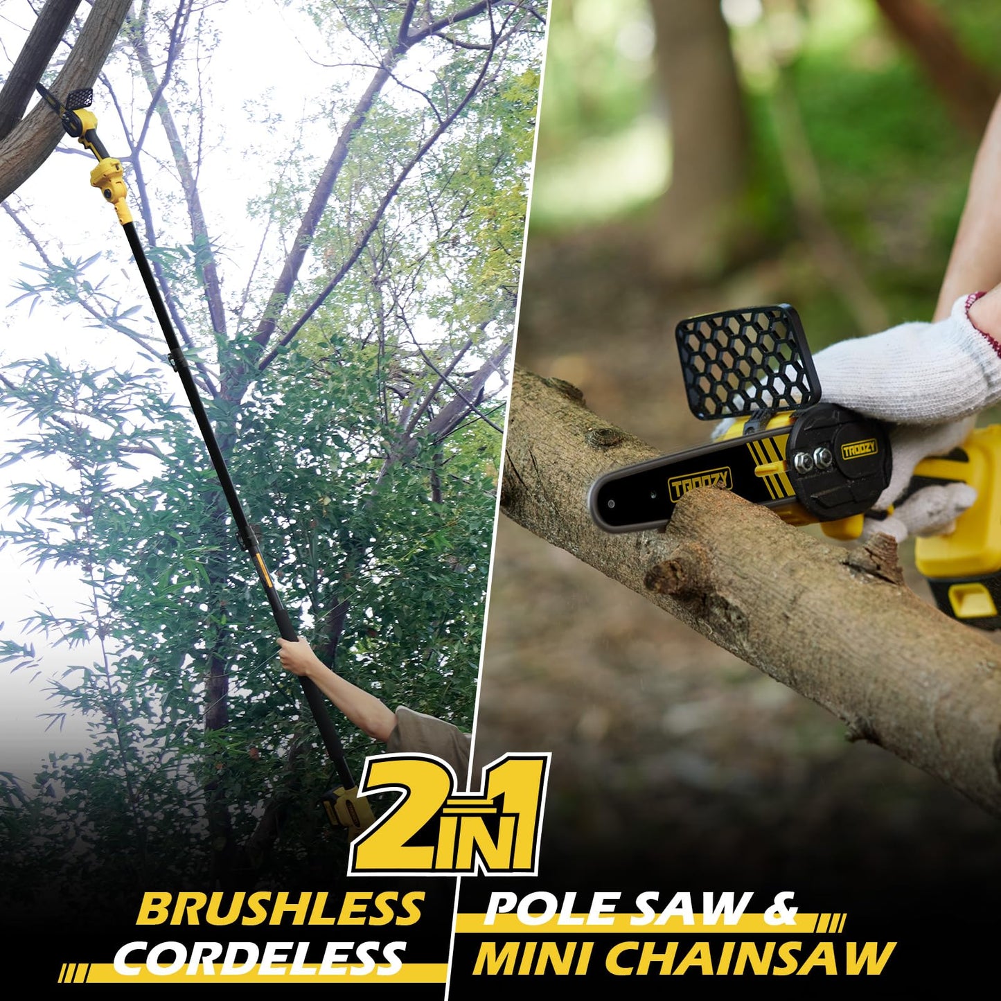 2-in-1 Mini Chainsaw & Cordless 6 Inch Pole Saw,21V 3Ah Battery Powered Brushless Electric Rotatable Pole Saw 15-Foot Max Reach & Multi-Angle for Tree Branches Pruning, Wood Cutting