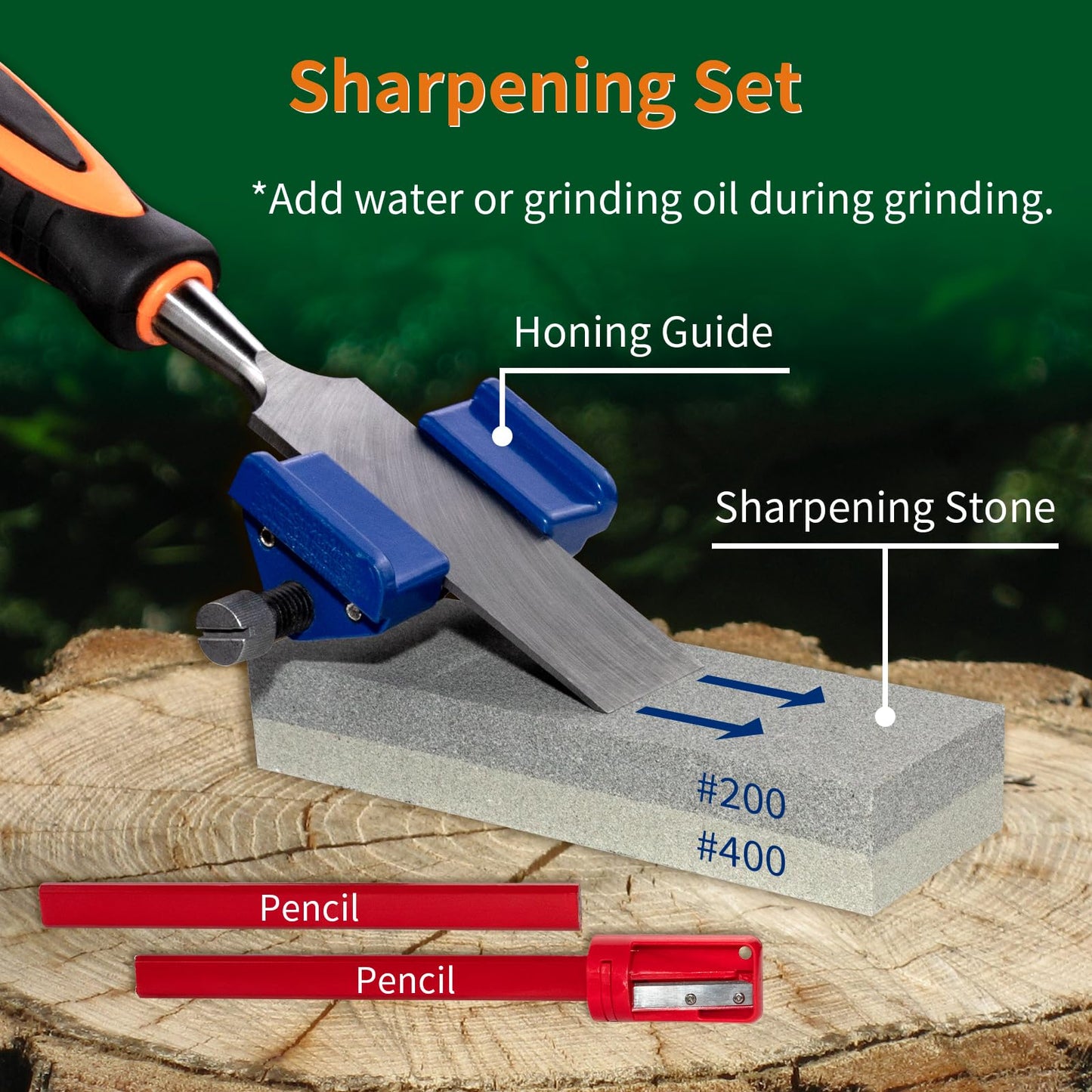 SIIIXS 8pcs Premium Wood Chisel Set, 8pcs Wood Chisel with 1 Honing Guide, 1 Sharpening Stone and 2 Carpenter Pencils