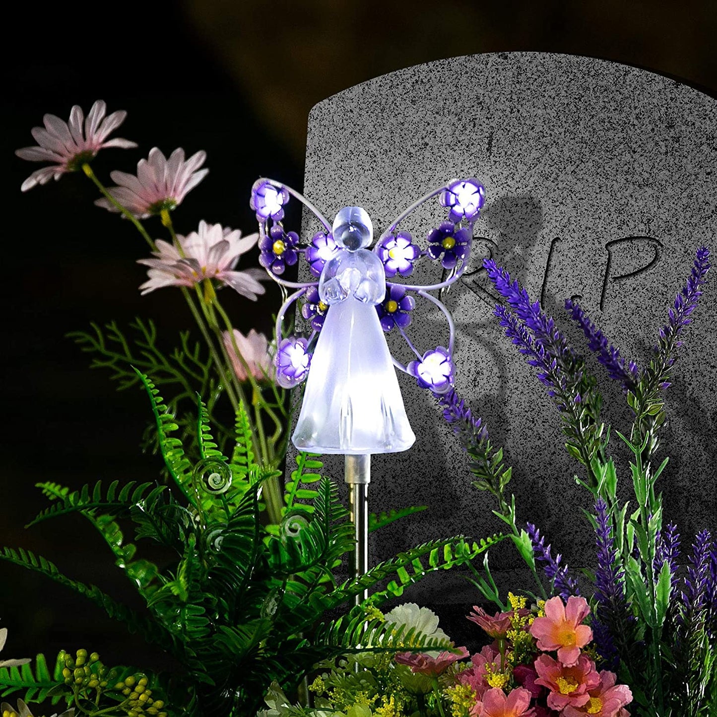 QINGYA Solar Angel Lights Outdoor-2 Pack Solar Garden Stake Lights with 7 LEDs for Cemetery Grave Decorations,Eternal Light Angel for Memorial Gifts, Christmas Yard Art, Sympathy Gifts