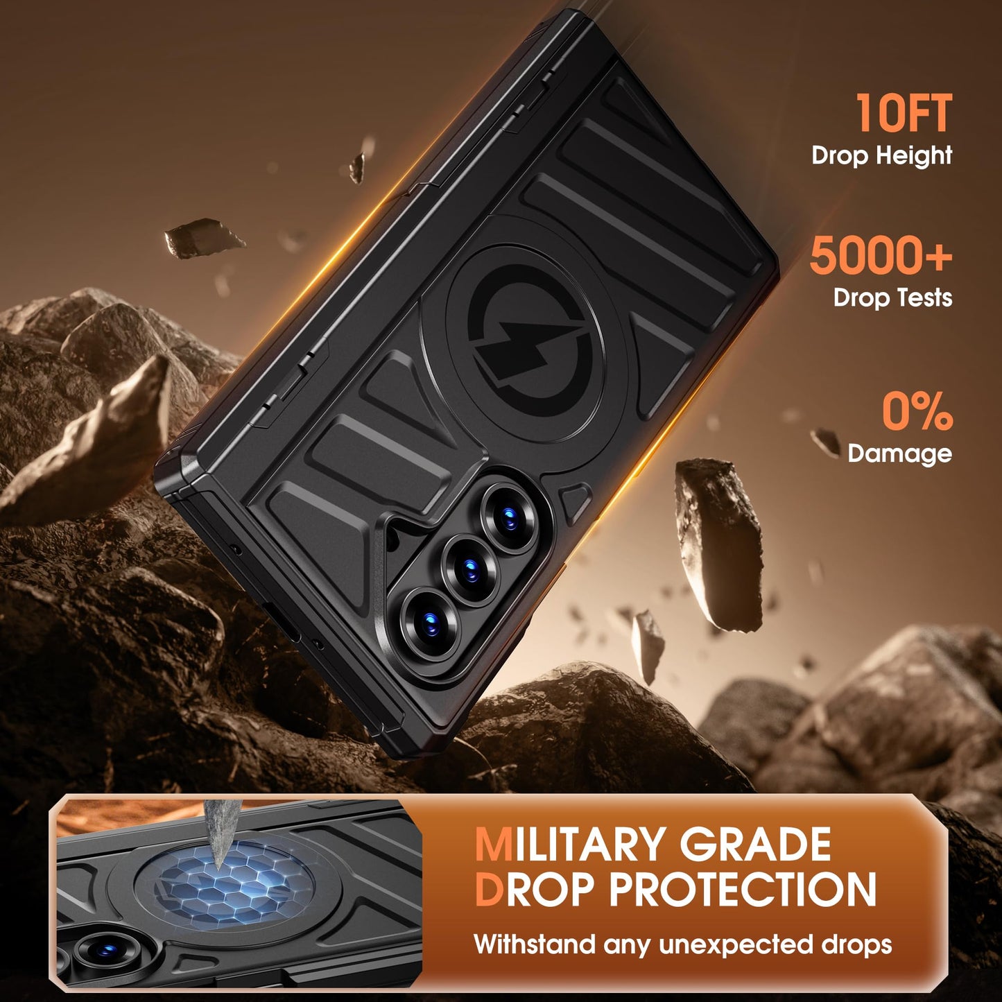 Armor Magnetic for Samsung Galaxy Z-Fold-7 Case: Dual Stand Horizontal & Vertical, Glass Screen Protector, Hinge Protection, Fit for MagSafe Wireless Charging, Shockproof Magnet Phone Cover, Black