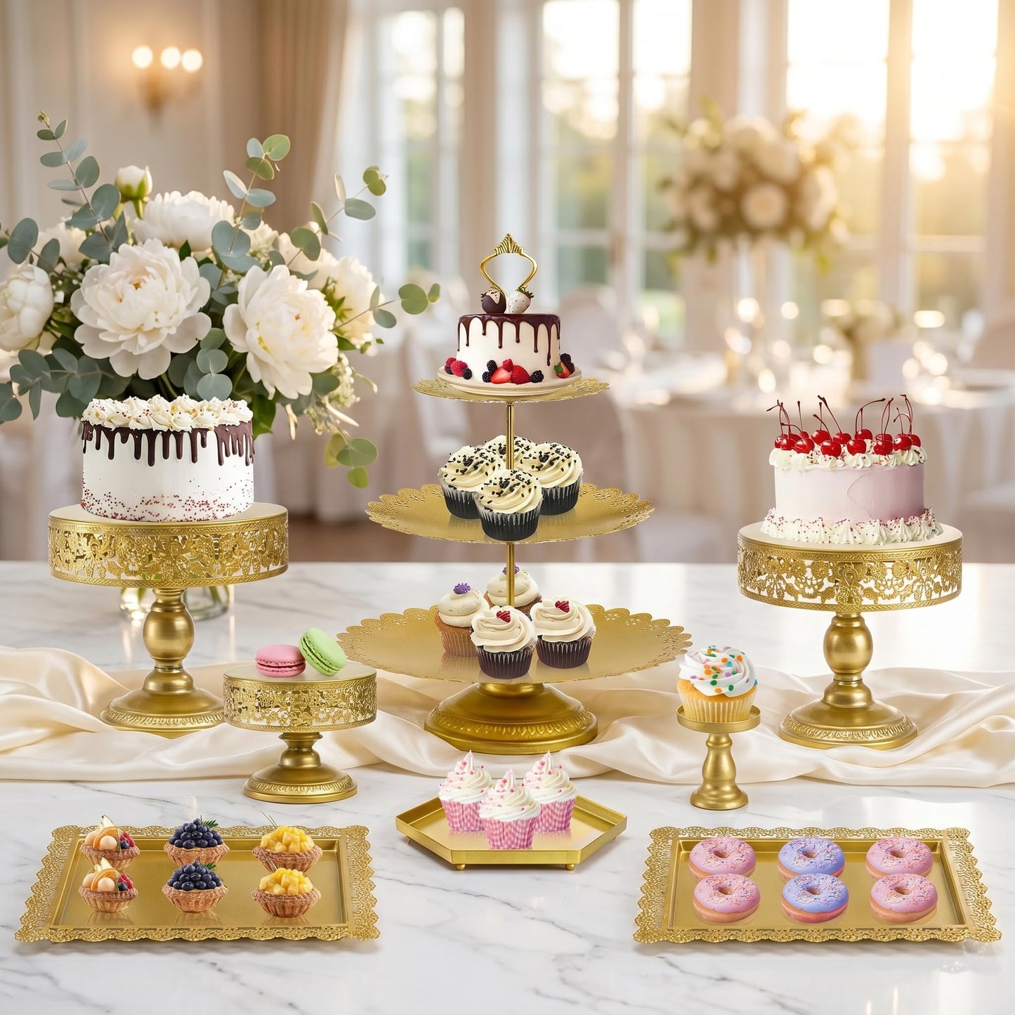 Jucoan 10 Pieces Gold Metal Cake Stand Set, Cupcake Holder Pastry Candy Fruits Serving Plate, Gold Dessert Table Stands and Trays Set for Wedding Birthday Baby Shower Bridal Party