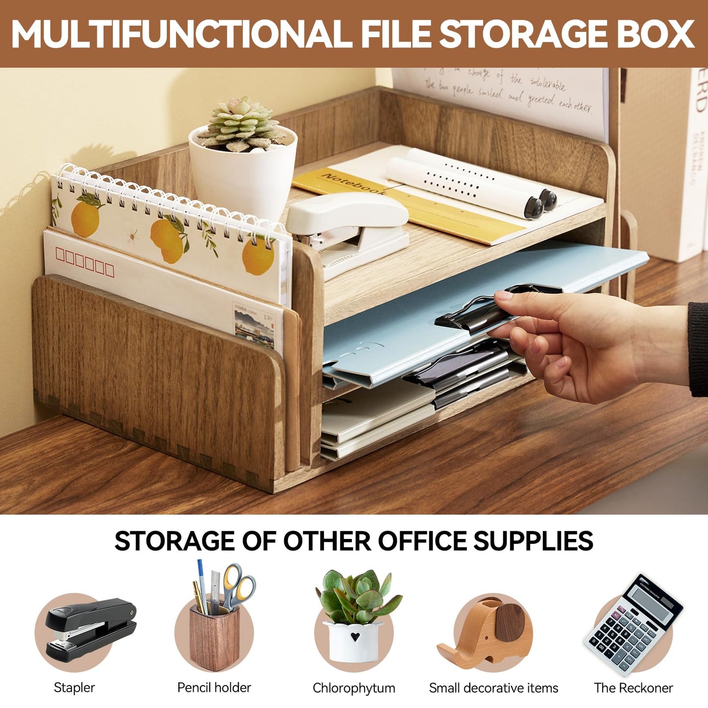 Kirigen Wood Desk Organizer 5 Trays - Desktop Document Letter Tray for Folders, Mail,File -Nature 3-Tier Office Mail Sorter Organizer Rack/Telephone Stand/Document Holder Dark Brown(2TP-DBR)