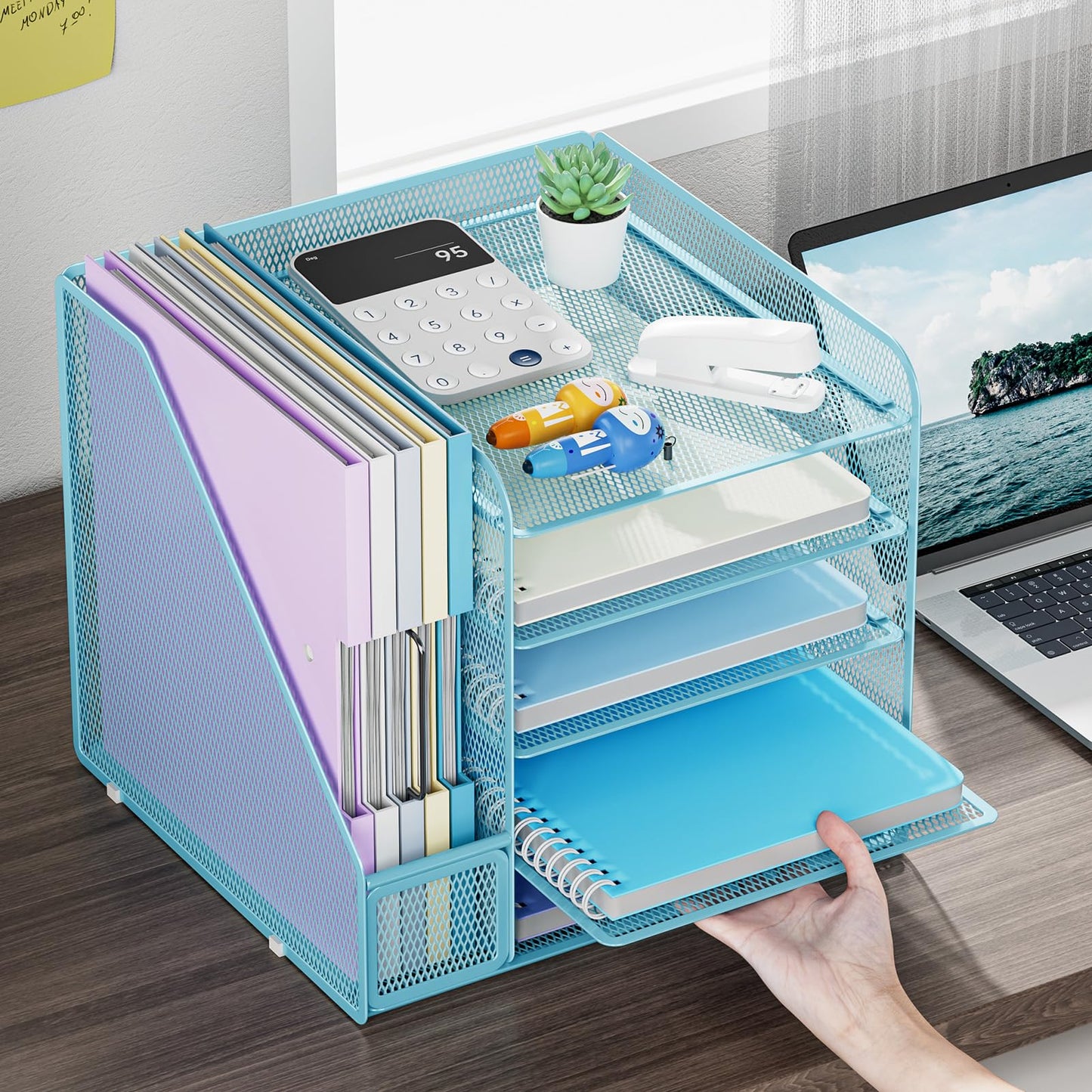 Marbrasse Desk Organizer with File Holder,5-Tier Paper Letter Tray,Metal Mesh Desk Organizers and Accessories,Organization and Storage for School, Home, Office(Blue)
