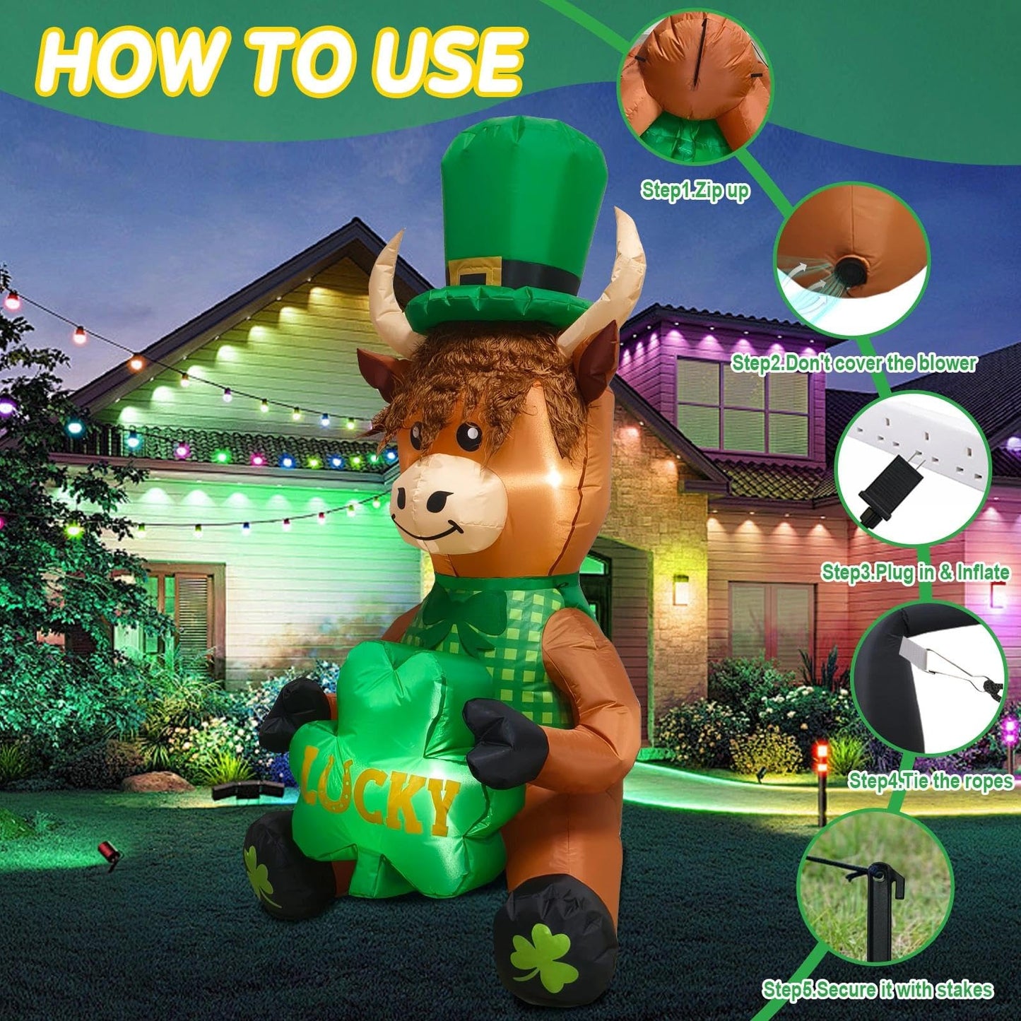 inslife 5FT Tall St. Patrick's Day Inflatable Outdoor Decoration Highland Cow Wearing Hat with Lucky Shamrock Built-in 2 LEDs for St. Patrick's Day Yard Garden Lawn Home Party Indoor Decor