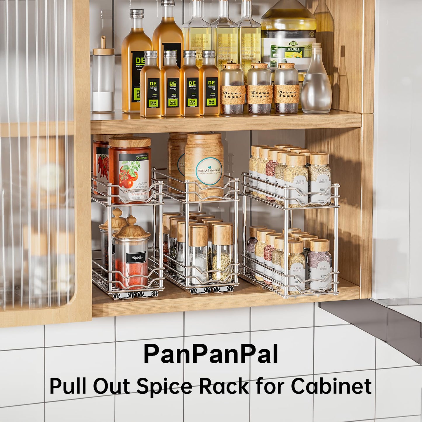 PanPanPal Pull Out Spice Rack Organizer for Inside Cabinet, 2 Tier Slide Out Spice Organization for Cabinet, Chrome Vertical Sliding Seasoning Organizer, 4.9''Wx10.4''Dx9.57''H