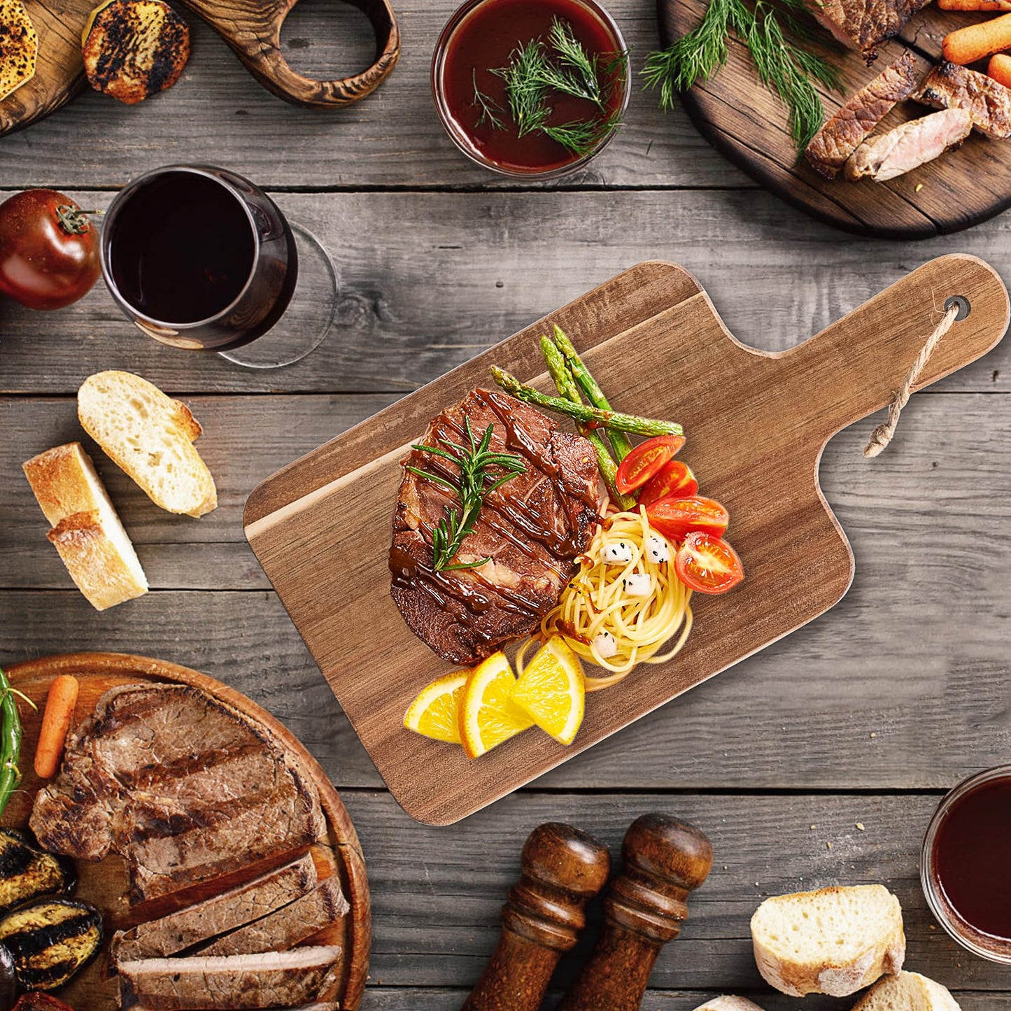 10 Pcs Acacia Wood Cutting Board with Handles, 12 x 6 Inch Charcuterie Boards Bulk Wooden Serving Trays for Cheese, Bread & Appetizer