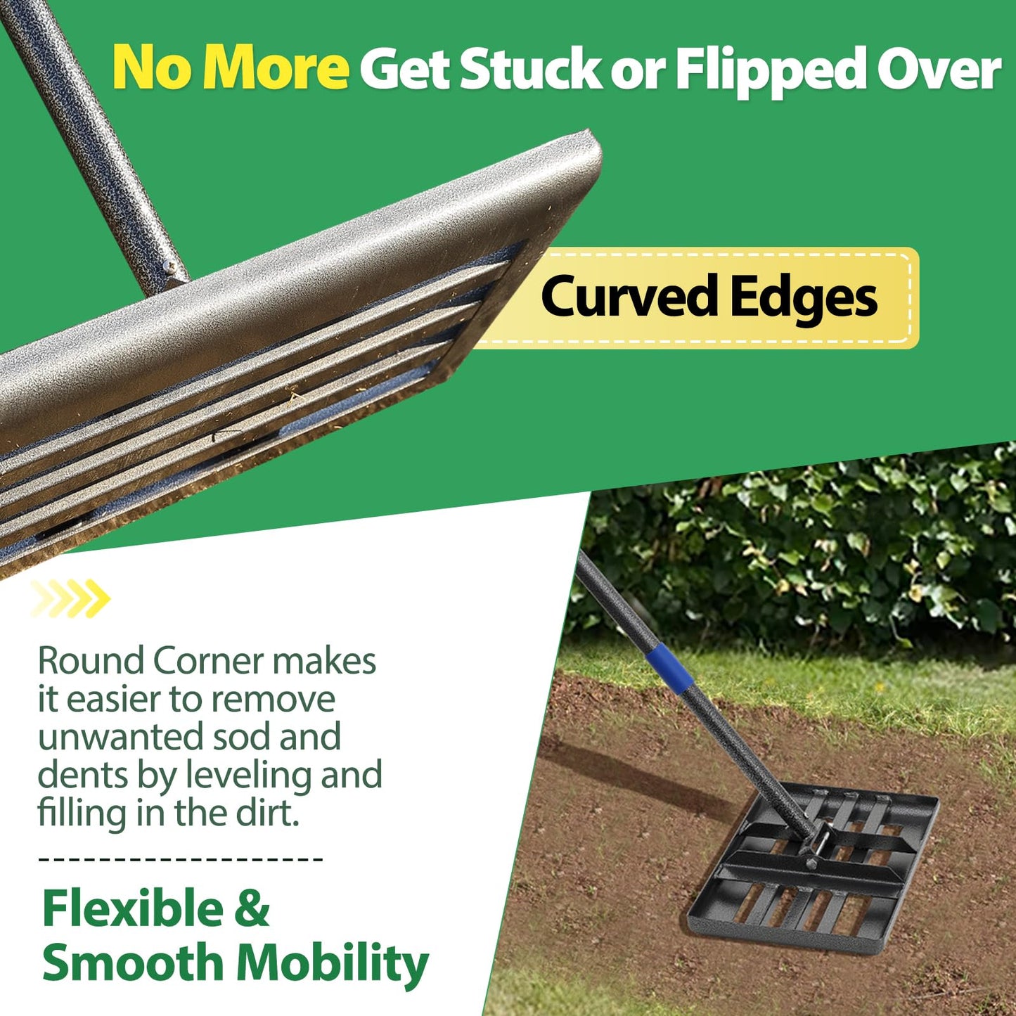 Rake, Lawn Leveling Rake with Round Edge, 5 FT Lawn Leveler with 17 x 10 Small Rakes Head for Smooth Garss Soil Dirt Sand, High Effect Long Handle Ground Leveling Tool for Yard Garden, No Flip