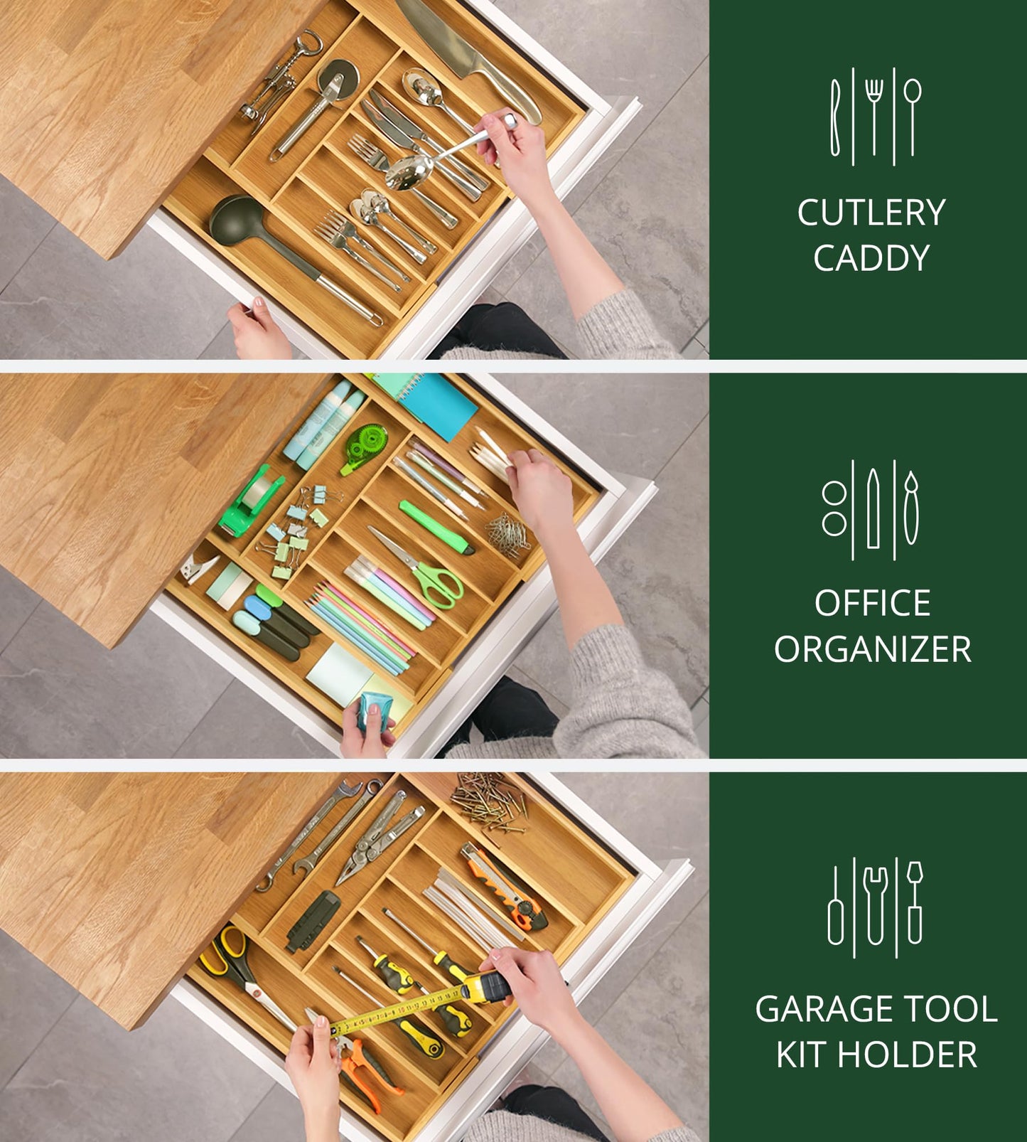 Luxury Cutlery Drawer Organizer - Utensil Holder & Kitchen Drawer Organizer, Bamboo Expandable 9 Slots Silverware Drawer Organizer For Kitchen, Slip Resistant For Flatware & Kitchen Utensils, Natural