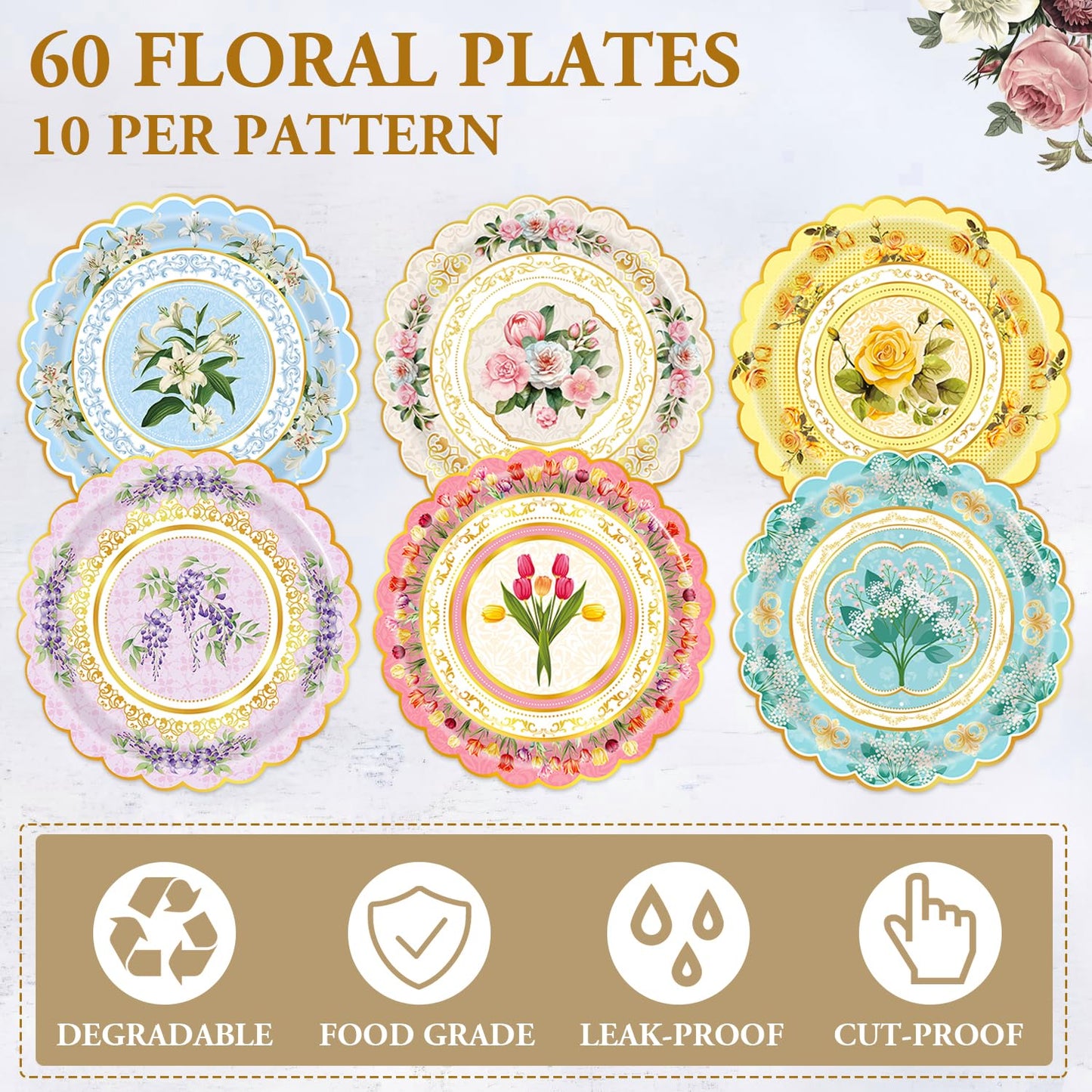 Oevbexos 60-Pack Floral Paper Plates, Tea Party Decorations, 9 Inch Disposable Floral Plates for Tea Party, Baby Shower, Bridal Shower, Birthday, Wedding and Any Celebration