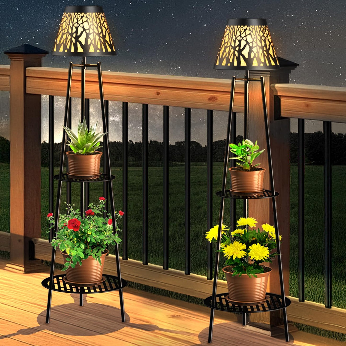Candieslife 2 Pack Outdoor Solar Lights with Plant Stands, 45.5" Metal Solar Floor Lamps Waterproof Solar Garden Lights for Patio Deck Yard Garden Porch Backyard Decor (Black)