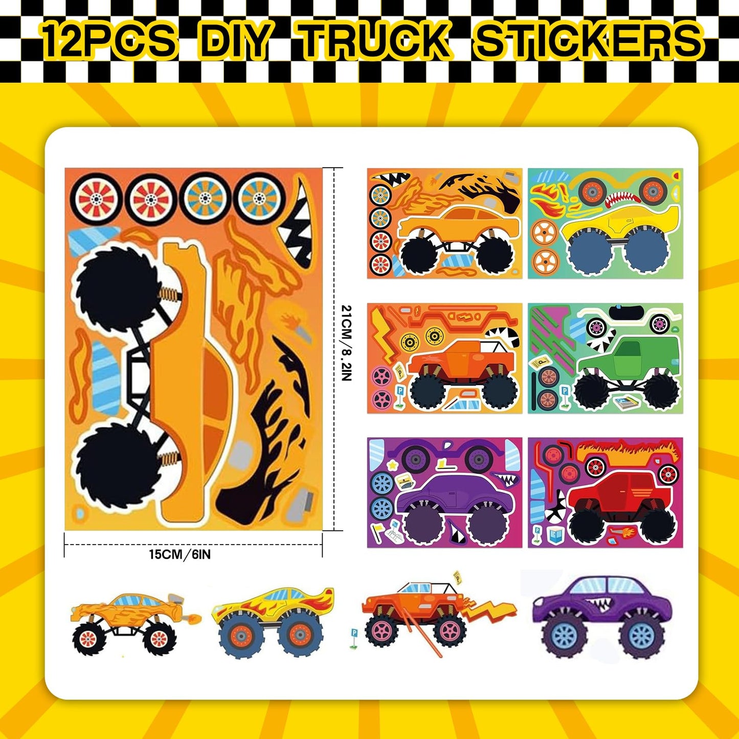 Monster Truck Party Favors Set - 110 PCS Truck Themed Party Gift Goodie Bags with Car Bubble Wand DIY Stickers Keychains Slap Bracelets for Birthday Supplies