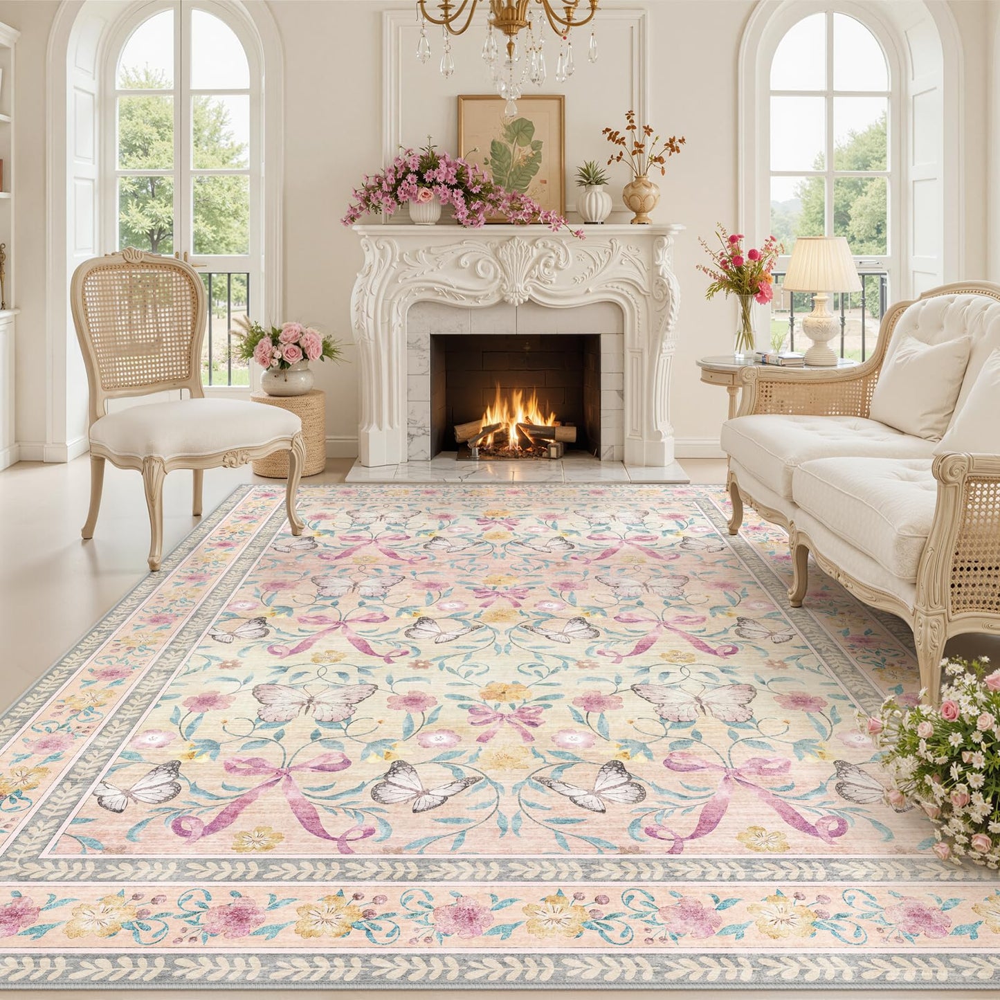 6x9 Pink Area Rug for Girls Room - Bow Floral Nursery Rug for Bedroom Washable Area Rugs for Living Room, Cute Ultra-Thin Non Slip Boho Carpet for Kids Bedroom, Playroom, Dorm (6'x9', Pink/Orange)