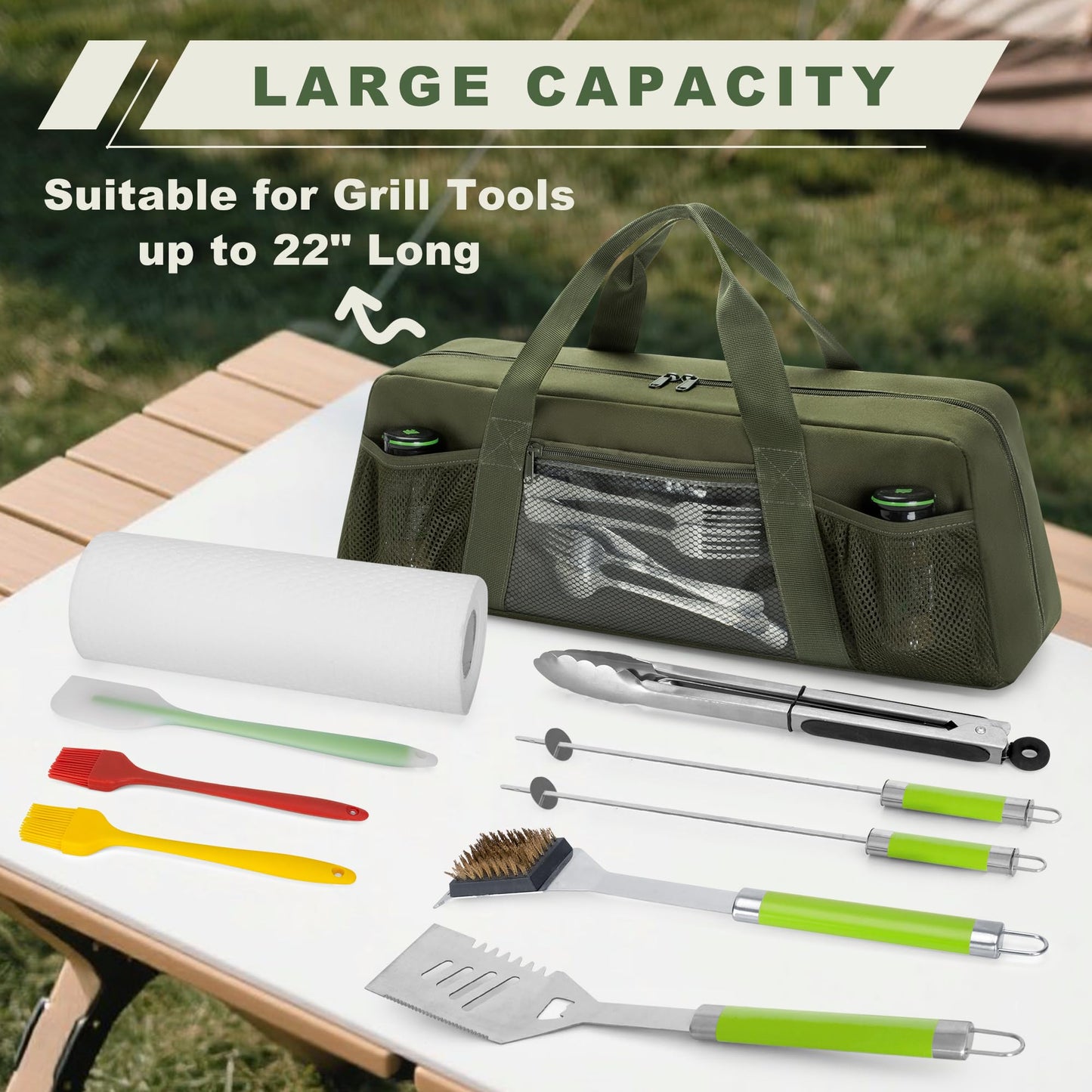 HODRANT Grill Tool Storage Bag, Outdoor BBQ Utensil Holder for Barbecue Tool up to 20", Large Grill Utensil Storage Caddy with Pockets, BBQ Accessories Case Container for Camping, Bag Only (Green)